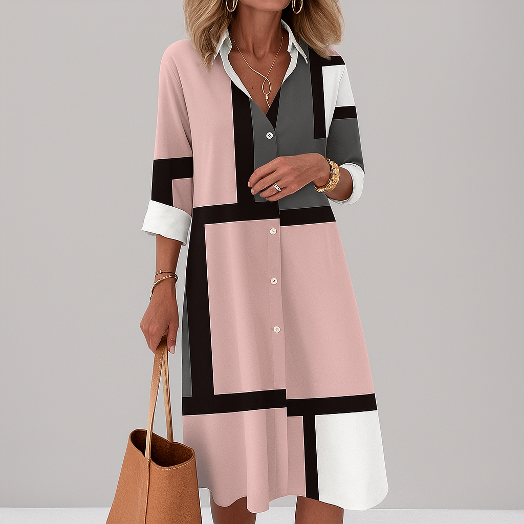 Geometric Pattern Occasion Button Shirt Dress for Women