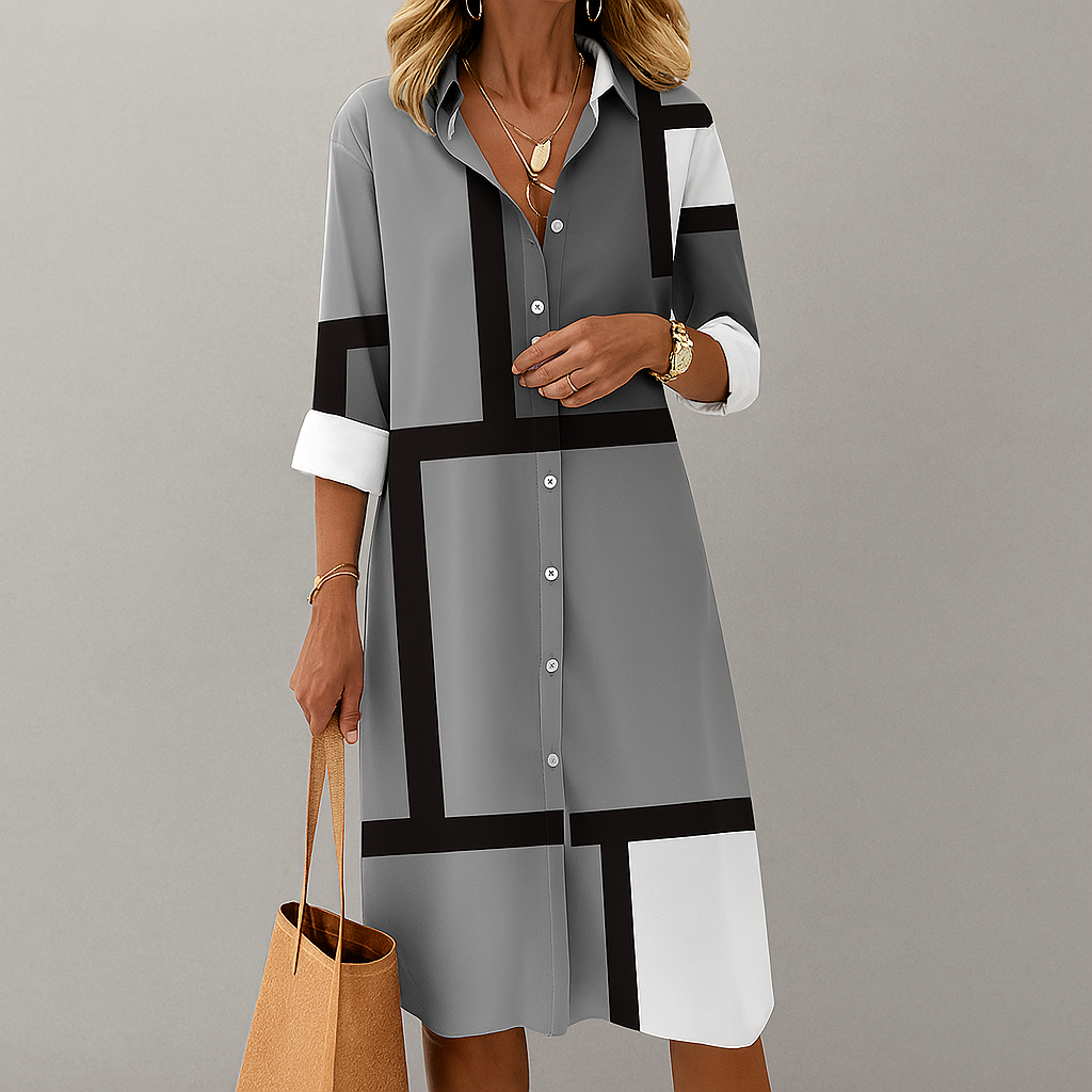 Geometric Pattern Occasion Button Shirt Dress for Women