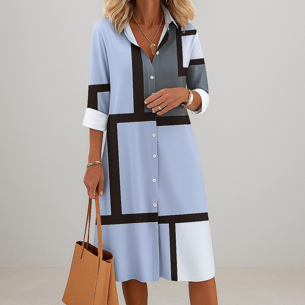 Geometric Pattern Occasion Button Shirt Dress for Women