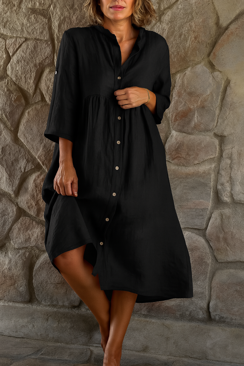Modern Plain Loose-fit Button Cotton Linen Shirt Dress for Women