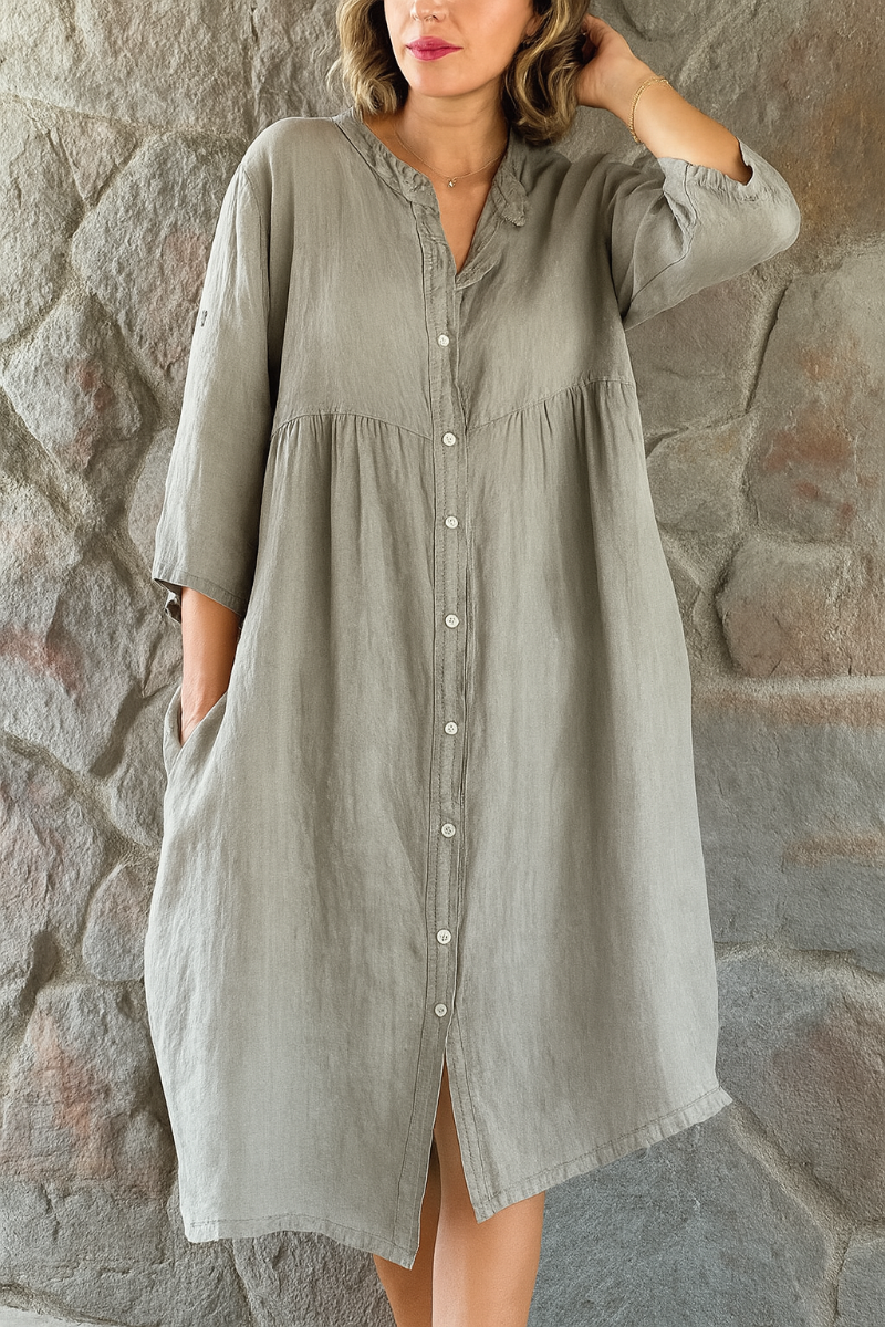 Modern Plain Loose-fit Button Cotton Linen Shirt Dress for Women