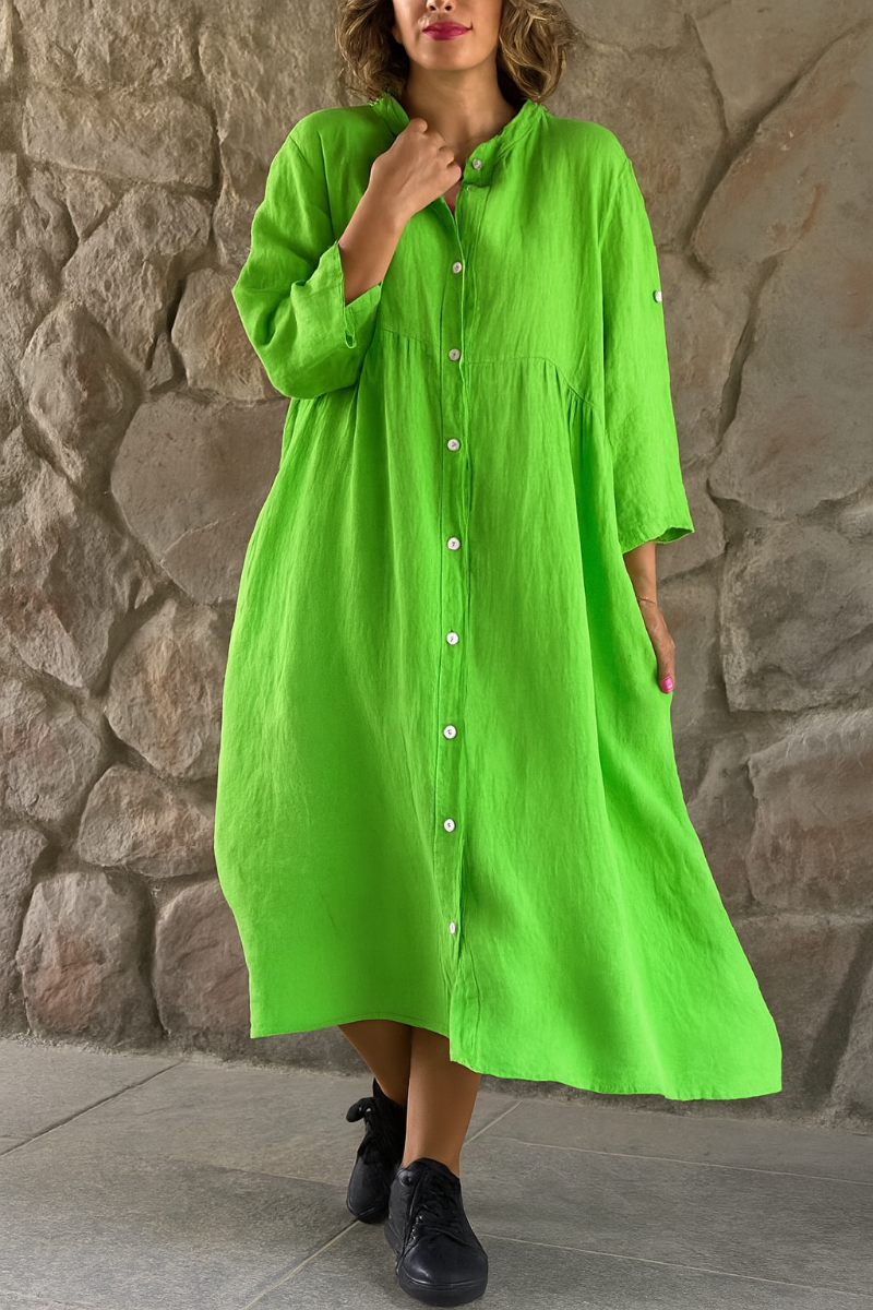 Modern Plain Loose-fit Button Cotton Linen Shirt Dress for Women