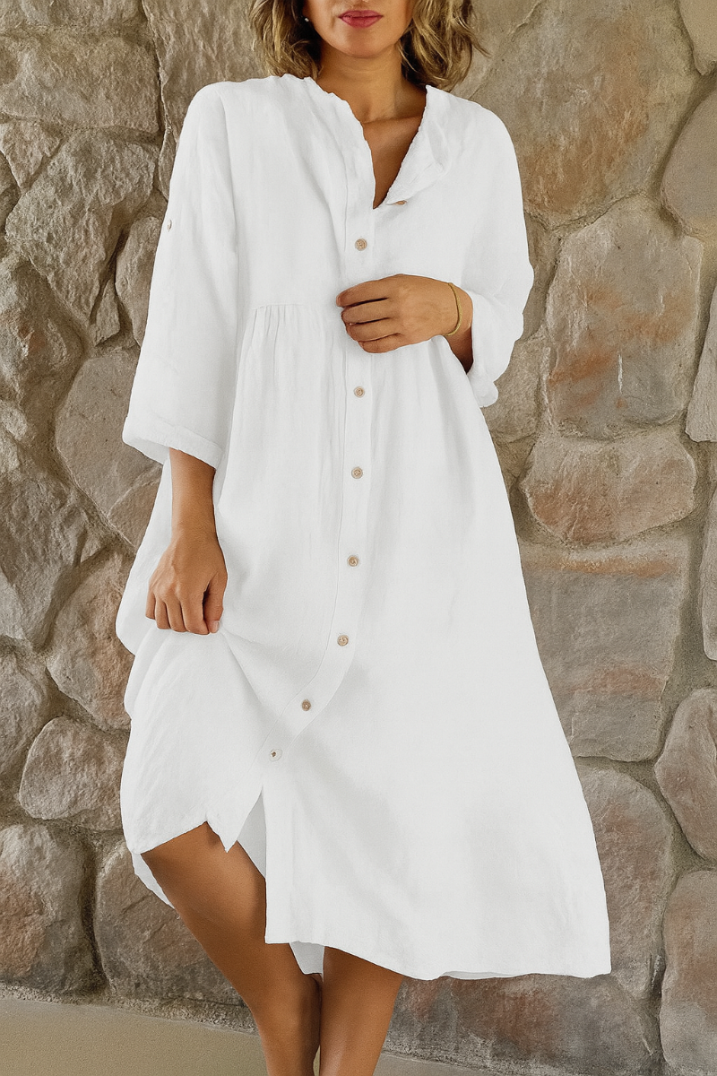 Modern Plain Loose-fit Button Cotton Linen Shirt Dress for Women