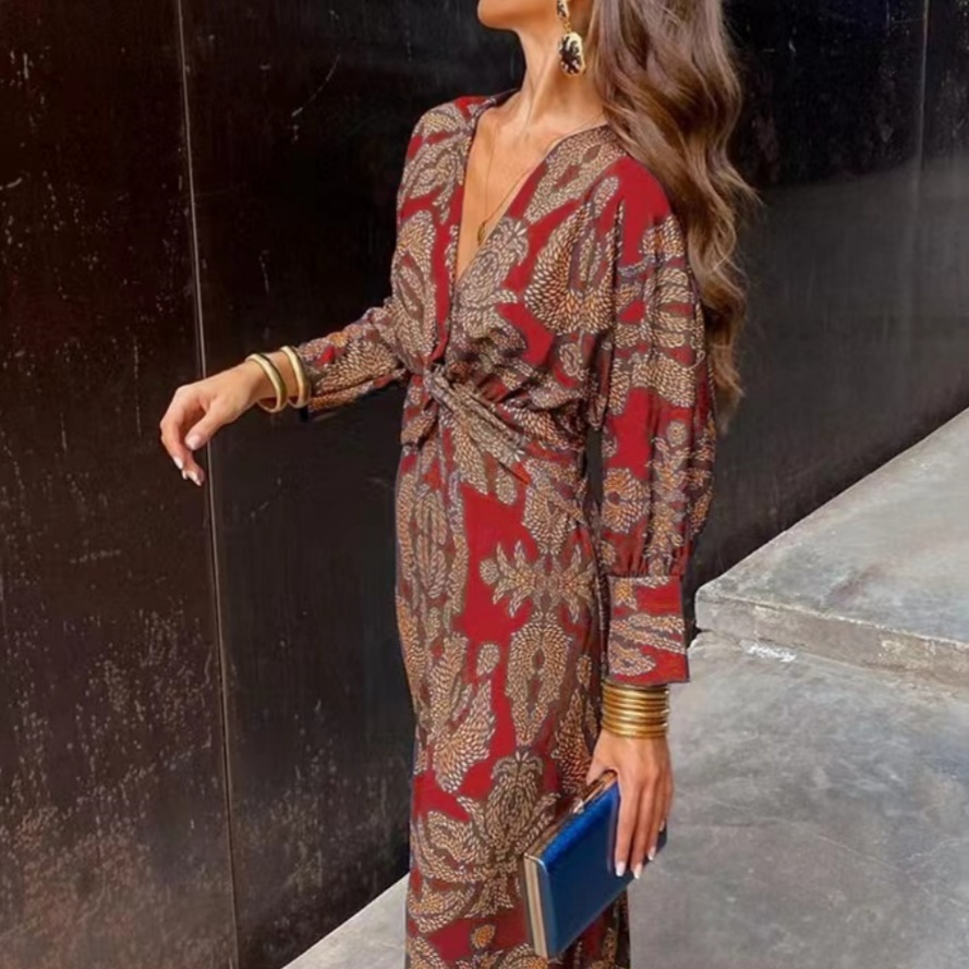 Women’s Statement Drape Maxi Wedding Guest Dress with Knotted Front and V-Neckline