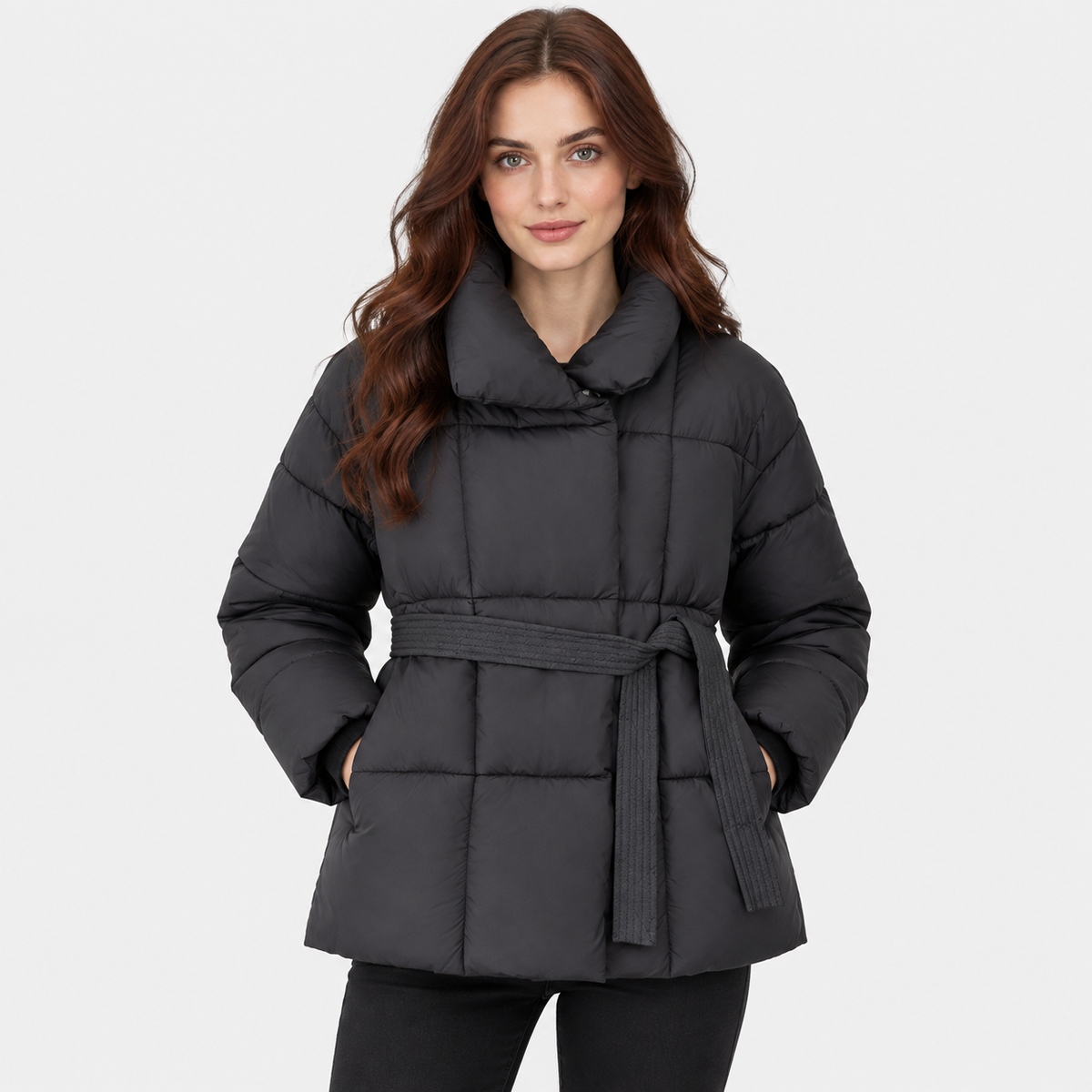 NAJAS | Women’s Plaid Coat Belted Lapel Down Cotton Winter Jacket