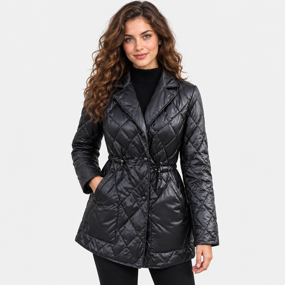 NAJAS | Women's Black Padded Winter Jacket with Notch Lapel Collar