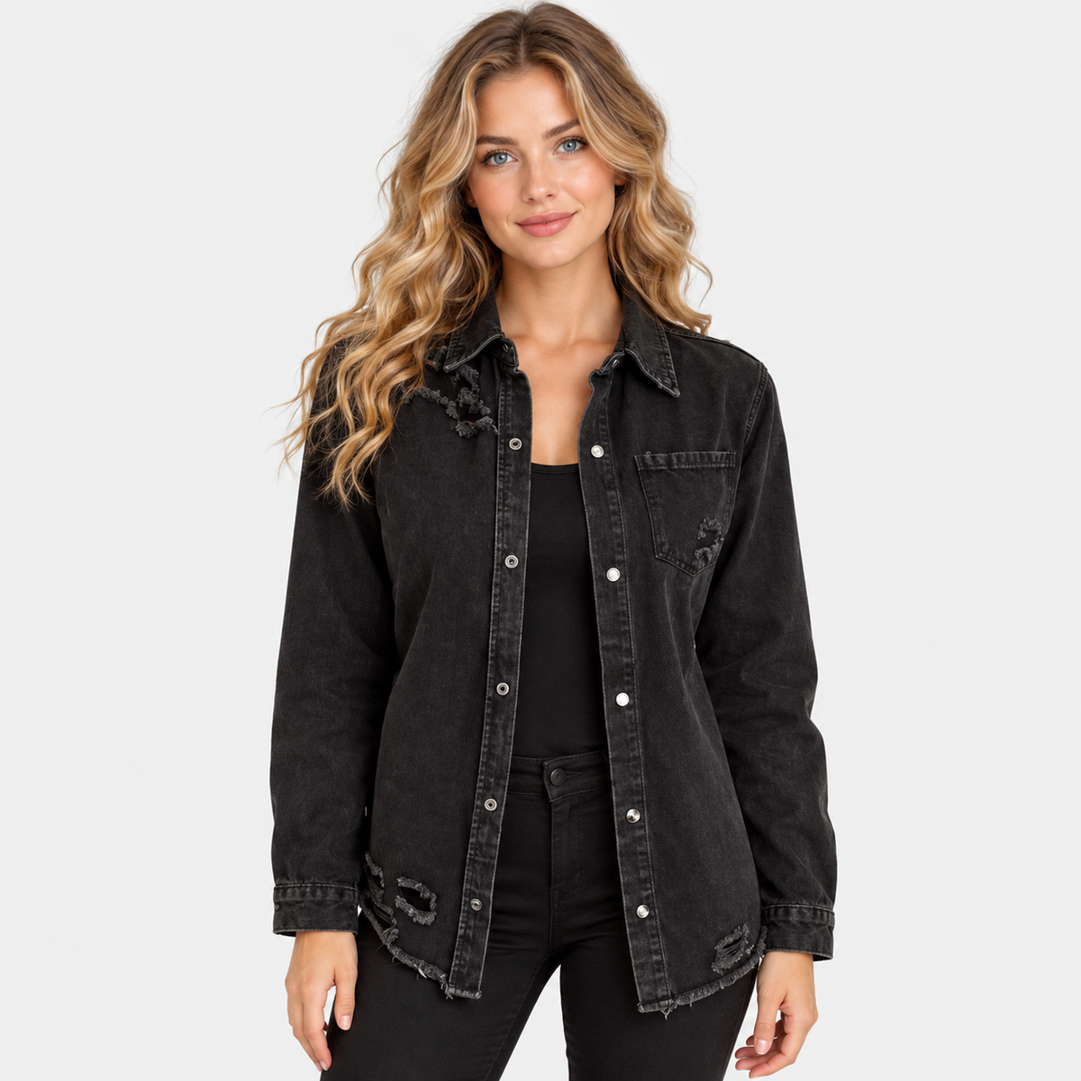NAJAS | Women's Black Ripped Denim Jacket with Loose Fit