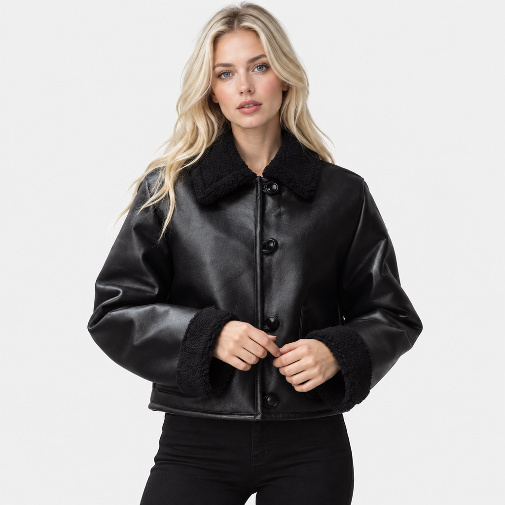 NAJAS | Women's Black Leather Jacket with Plush Lining and Loose Fit