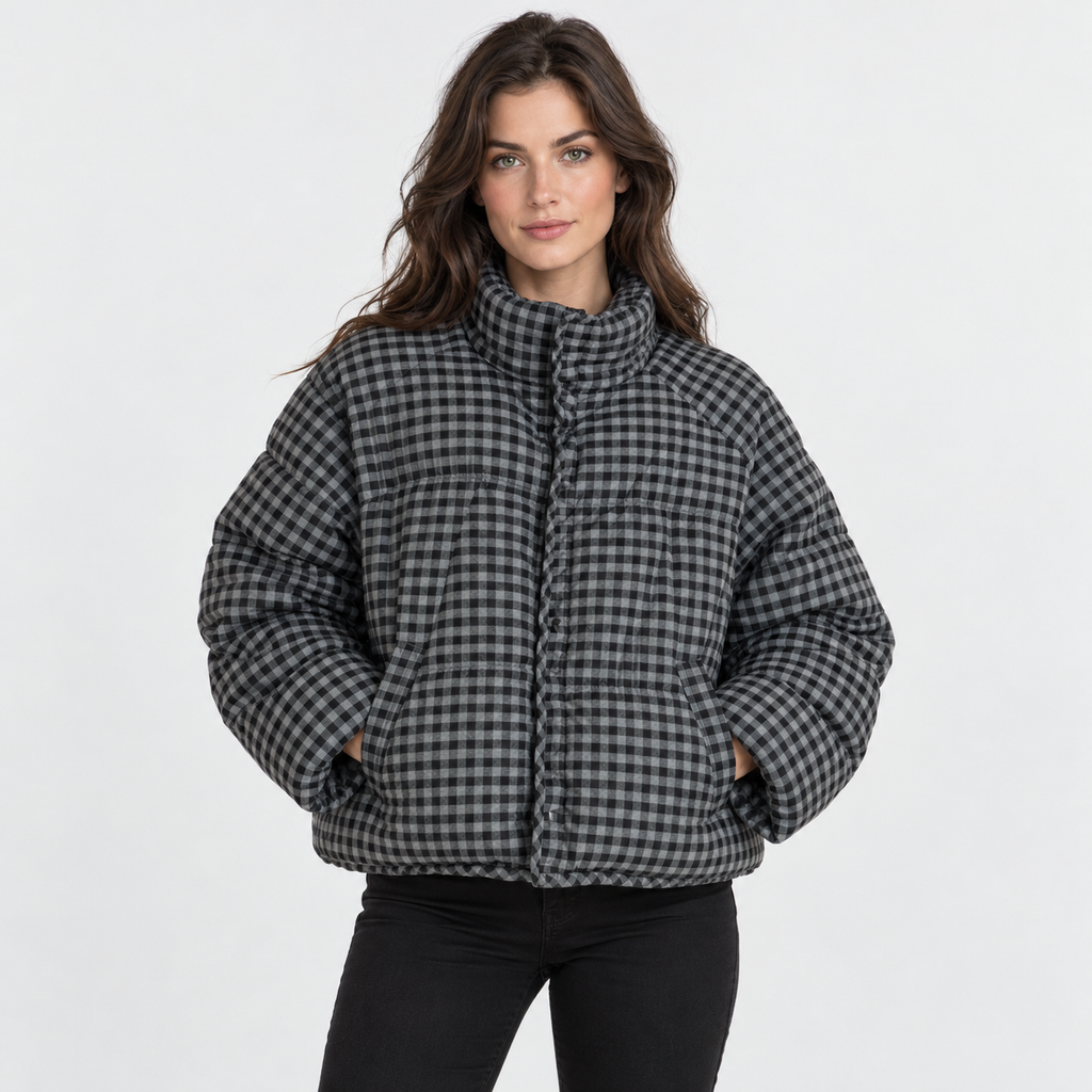 NAJAS | Women’s Plaid Puffer Jacket Cropped Relaxed Fit Casual Outerwear