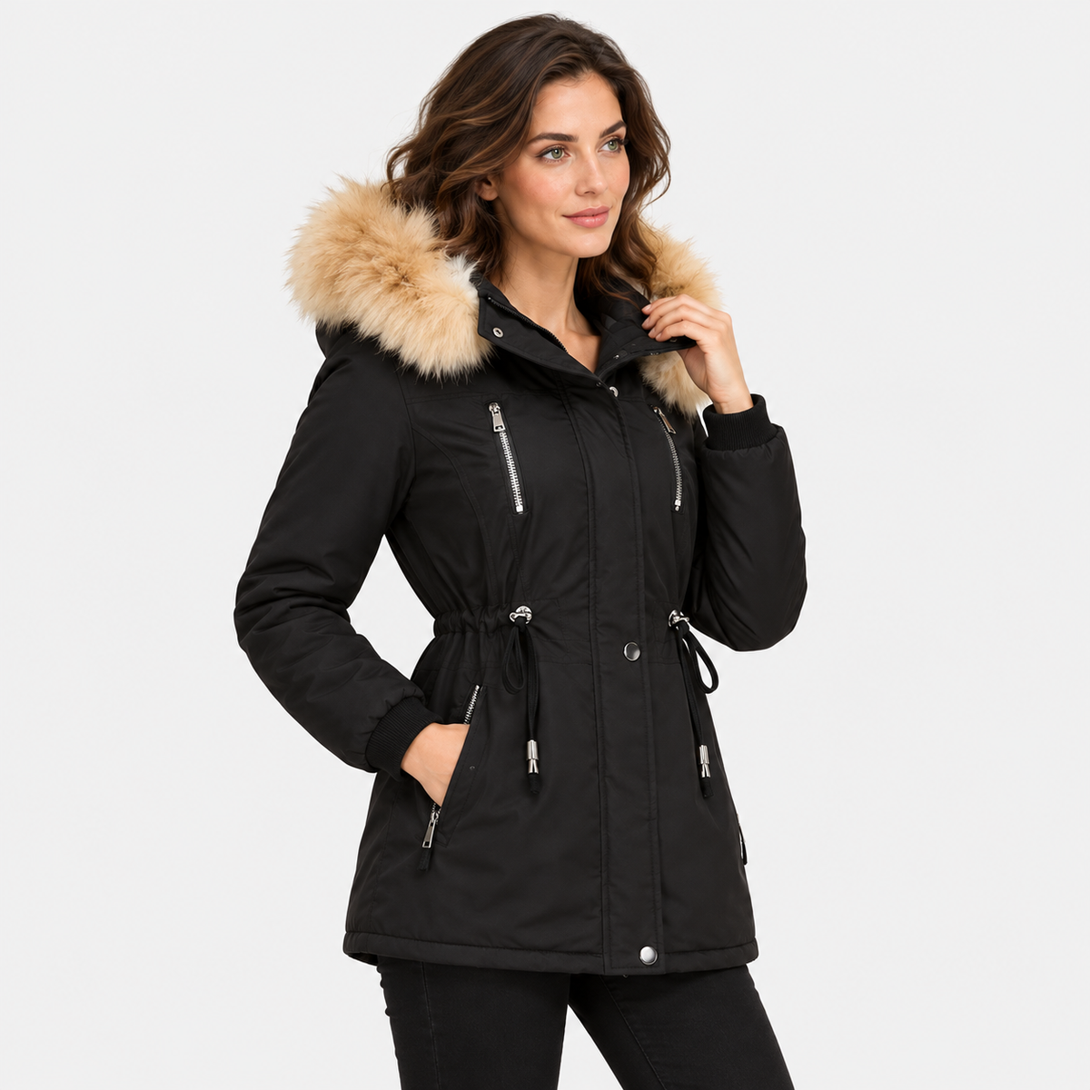 NAJAS | Women's Long Winter Coat with Detachable Hood and Faux Fur Collar