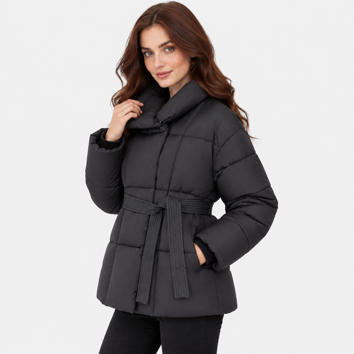 NAJAS | Women’s Plaid Coat Belted Lapel Down Cotton Winter Jacket