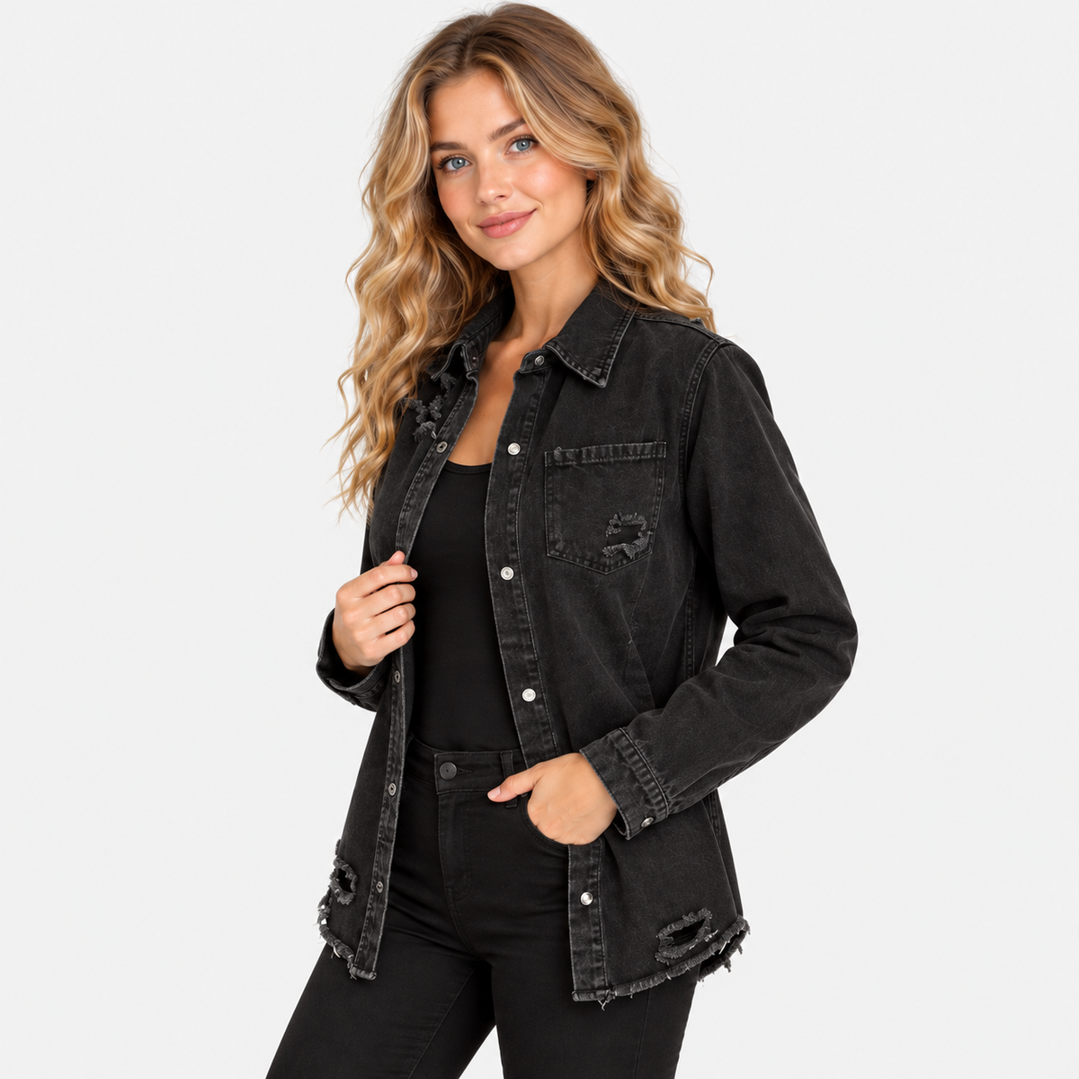 NAJAS | Women's Black Ripped Denim Jacket with Loose Fit