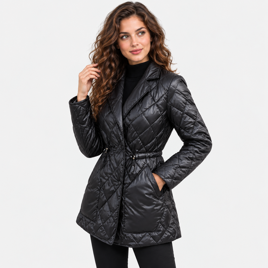 NAJAS | Women's Black Padded Winter Jacket with Notch Lapel Collar