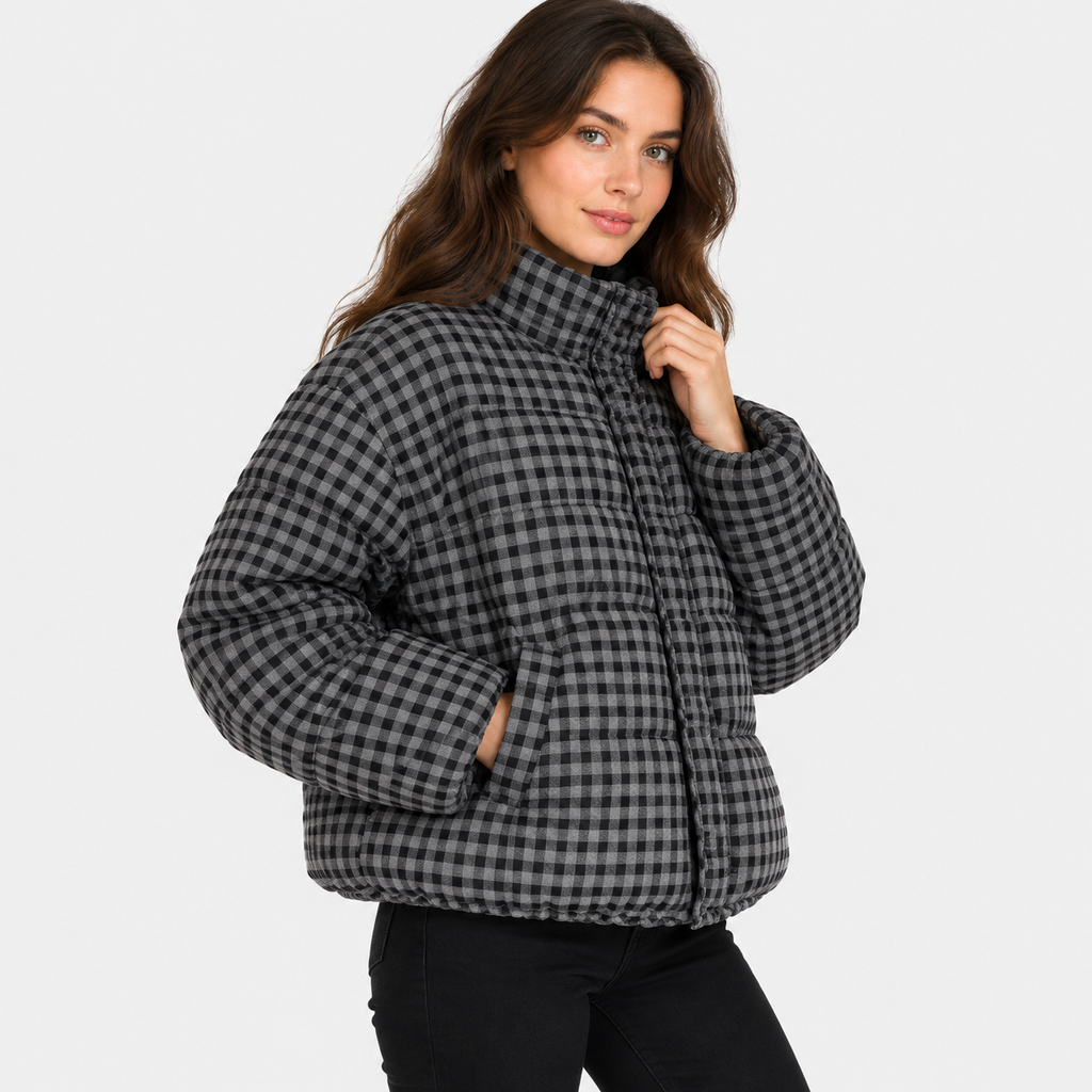 NAJAS | Women’s Plaid Puffer Jacket Cropped Relaxed Fit Casual Outerwear