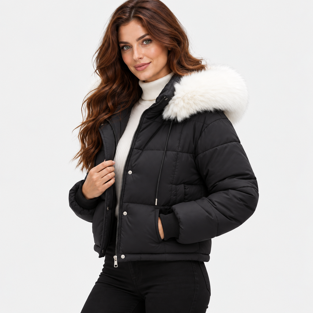 NAJAS | Women's Mint Green Puffer Jacket with Faux Fur Trimmed Hood