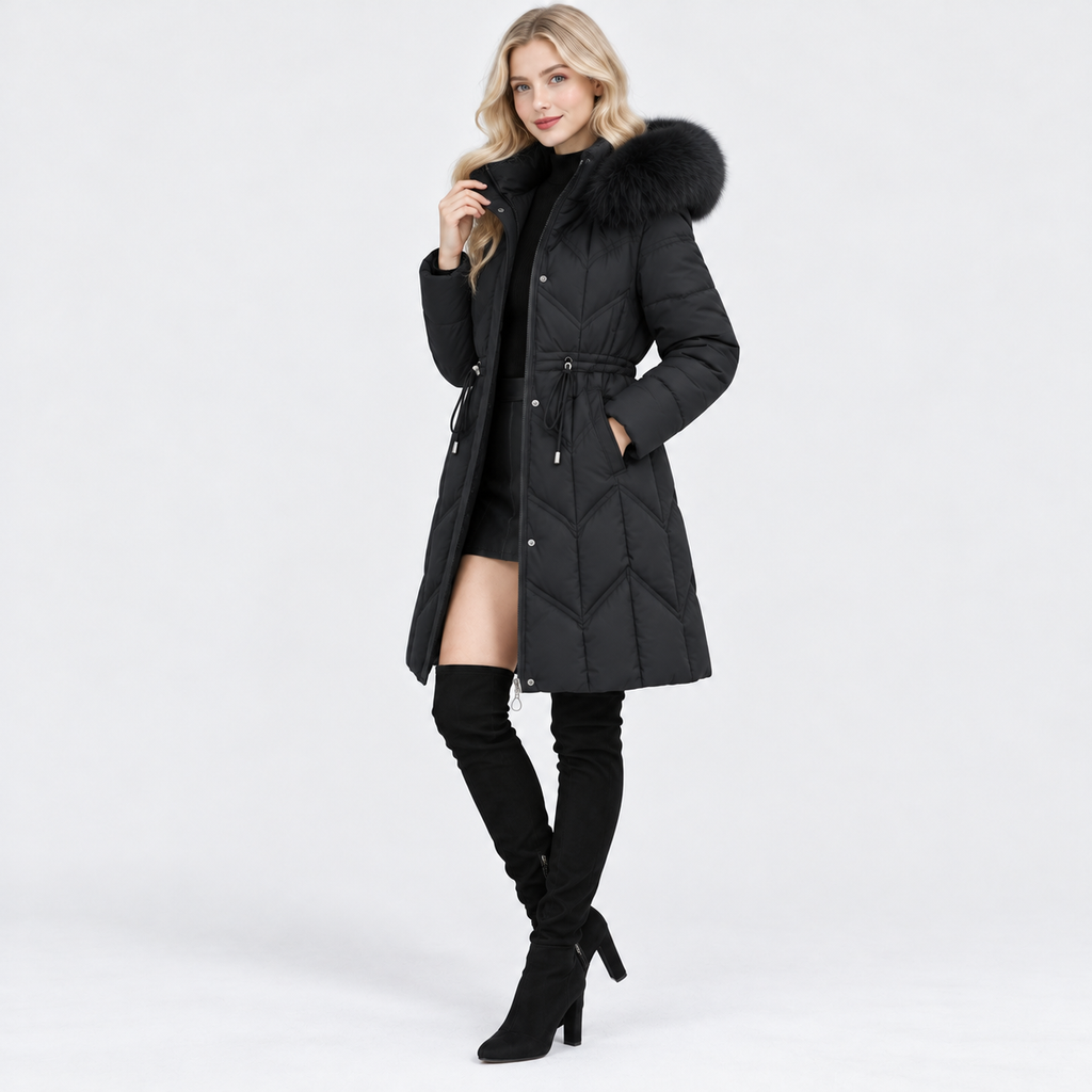 NAJAS | Women's Mid-Length Padded Winter Coat with Large Fur Collar