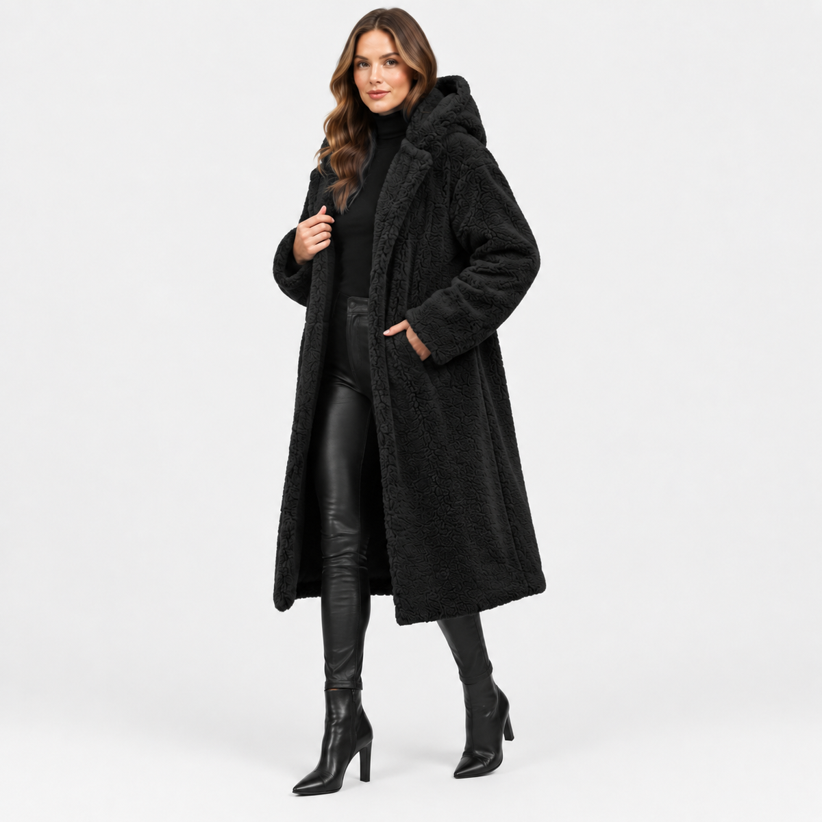 NAJAS | Women’s Teddy Coat Faux Fleece Hooded Long Winter Outerwear