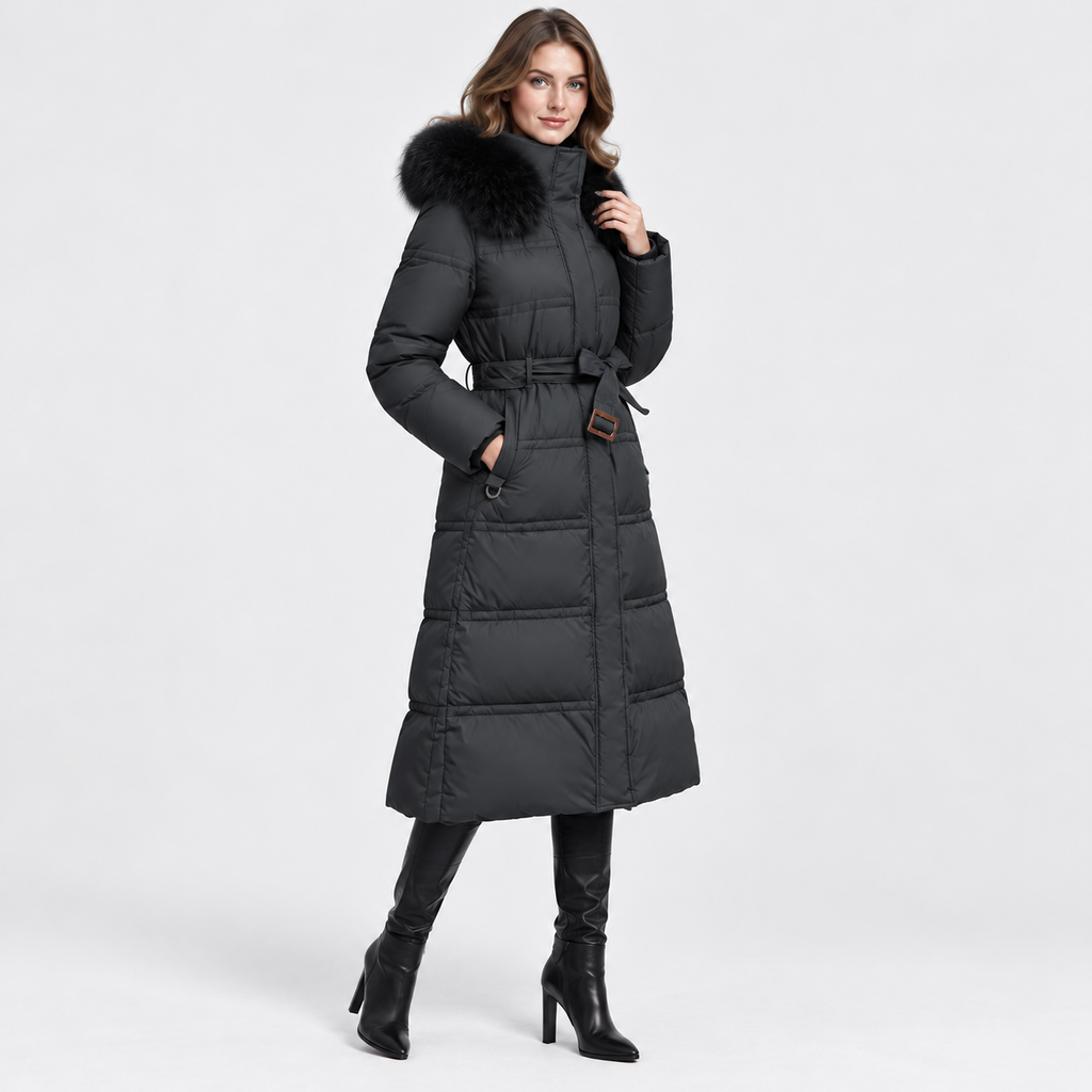 NAJAS | Women's Long Winter Coat with Fur Trimmed Hood and Belt
