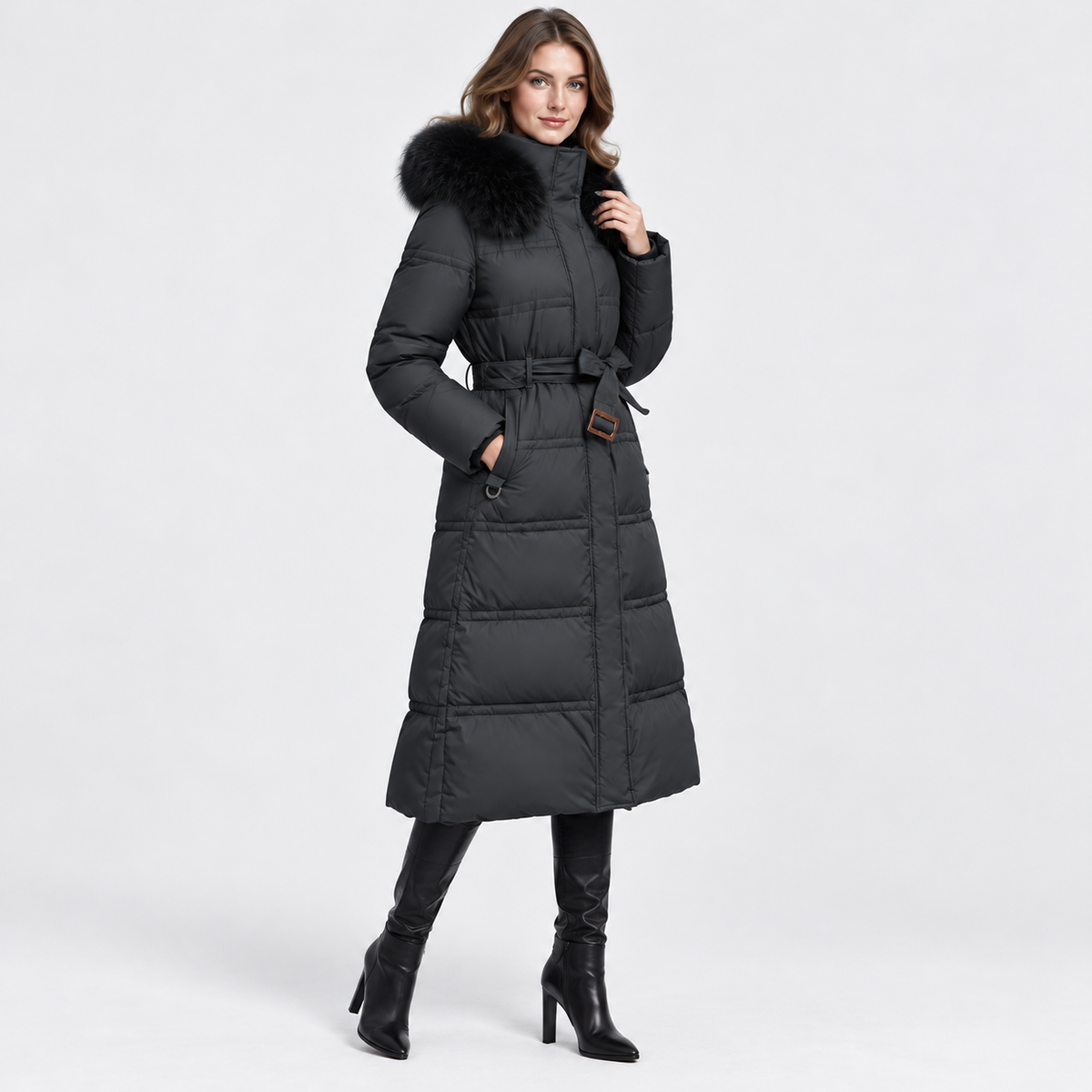 NAJAS | Women's Long Winter Coat with Fur Trimmed Hood and Belt
