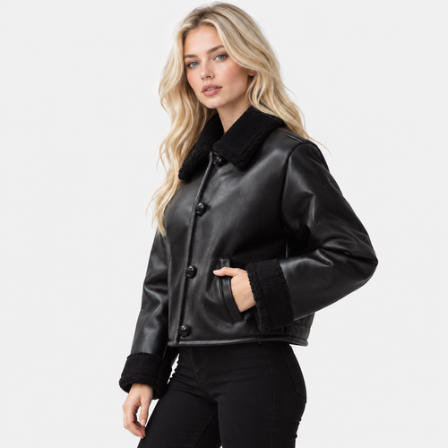 NAJAS | Women's Black Leather Jacket with Plush Lining and Loose Fit