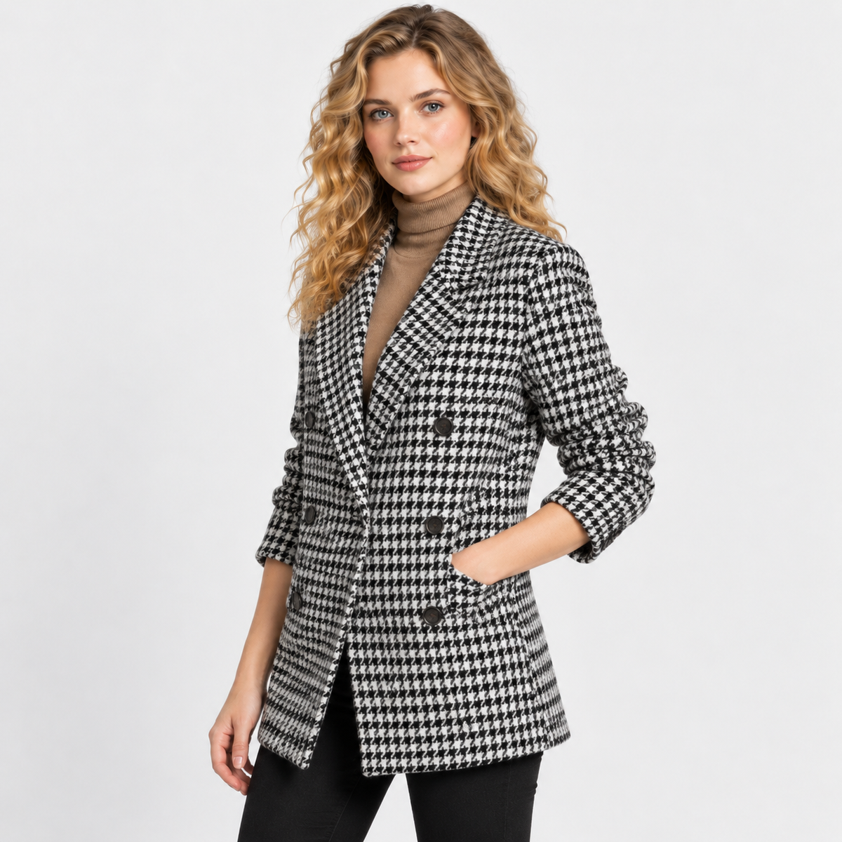 NAJAS | Women’s Houndstooth Coat Cotton Suit Collar Classic Outerwear