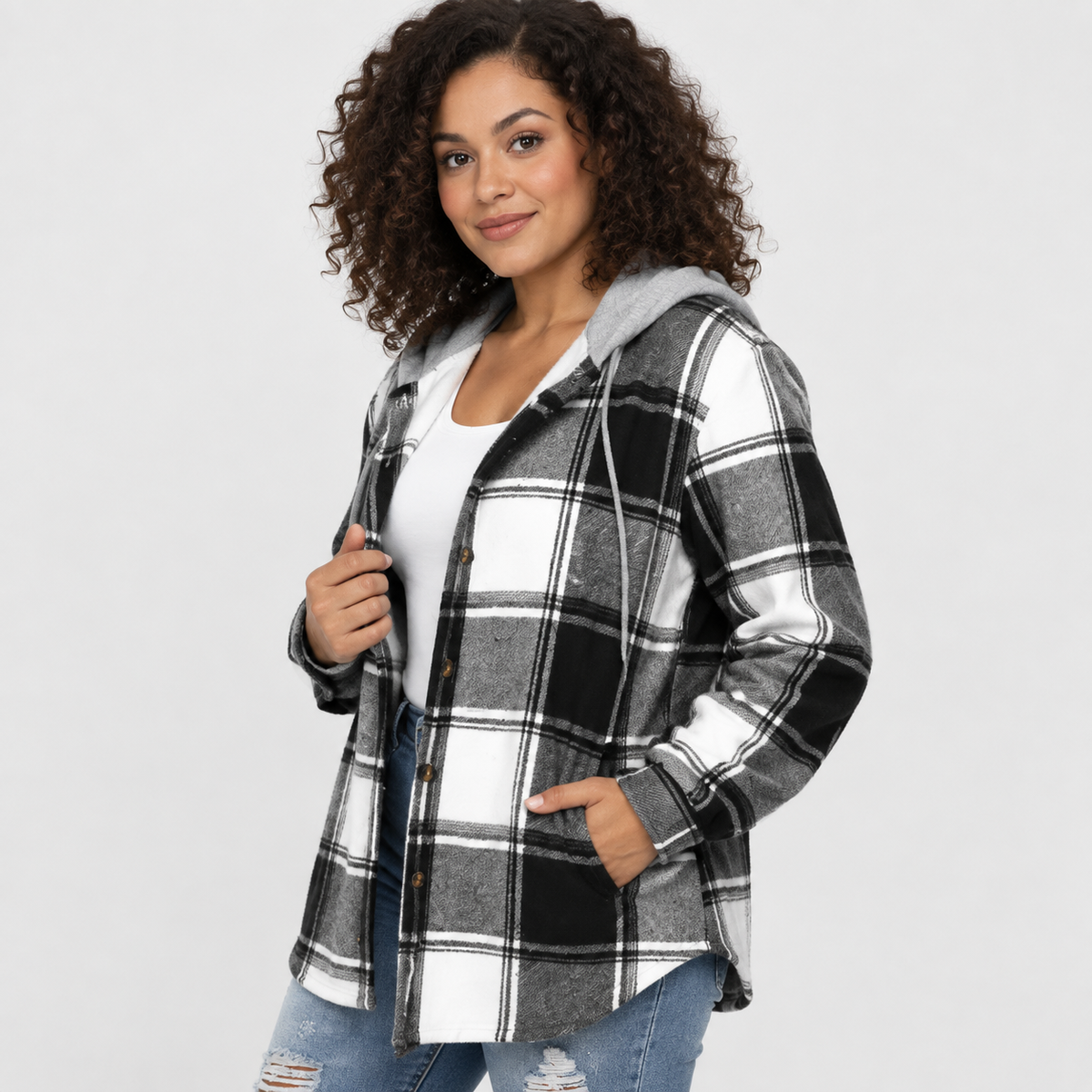 NAJAS | Women’s Plaid Shacket Hooded Button Up Fall Casual Jacket