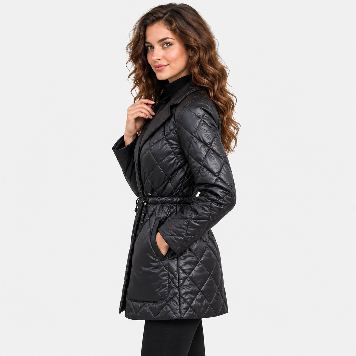 NAJAS | Women's Black Padded Winter Jacket with Notch Lapel Collar
