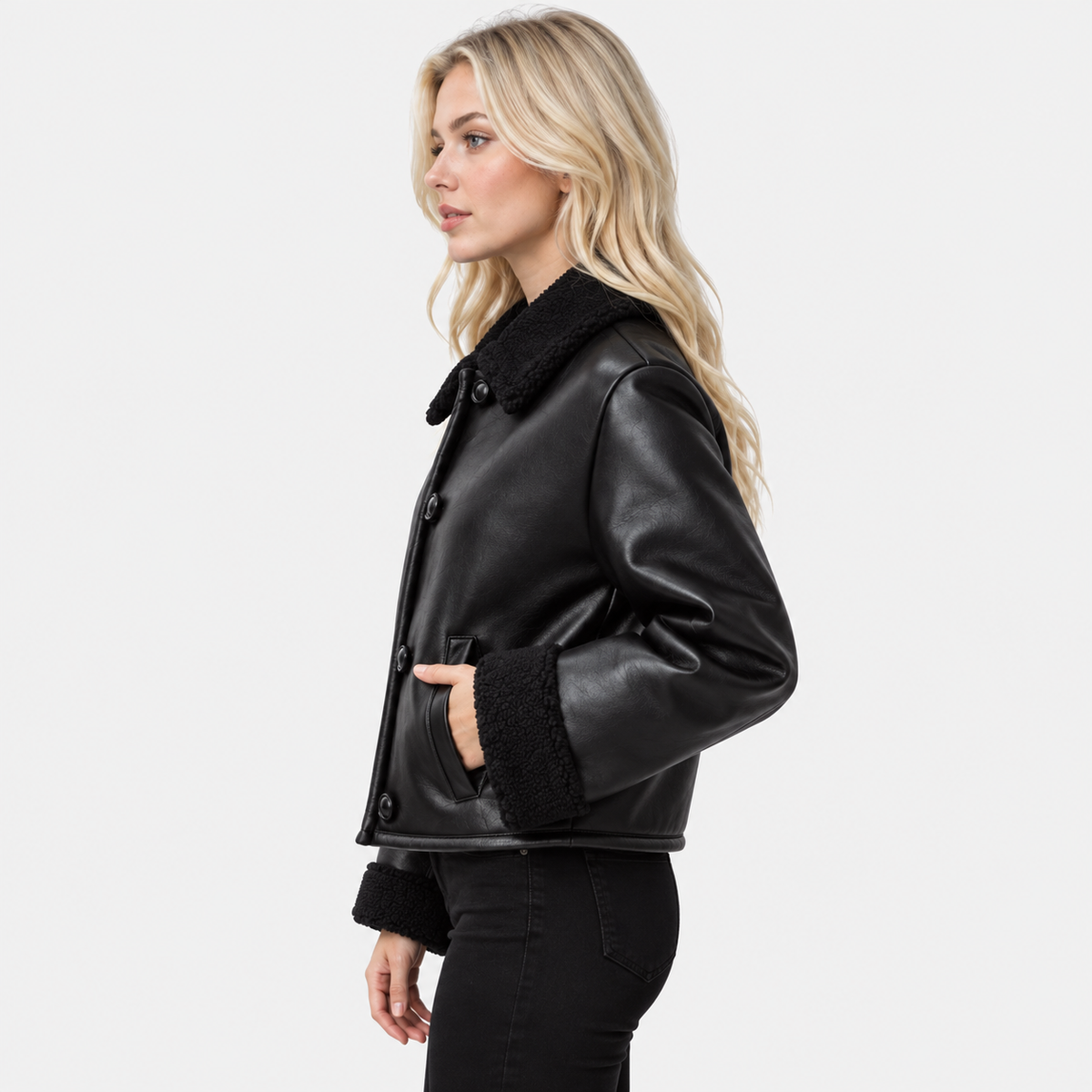 NAJAS | Women's Black Leather Jacket with Plush Lining and Loose Fit