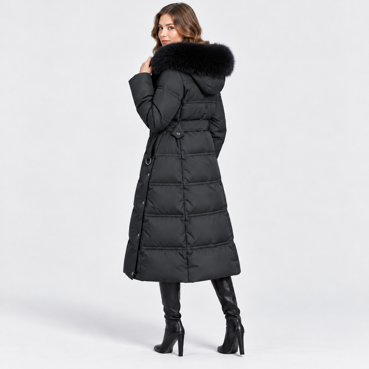 NAJAS | Women's Long Winter Coat with Fur Trimmed Hood and Belt