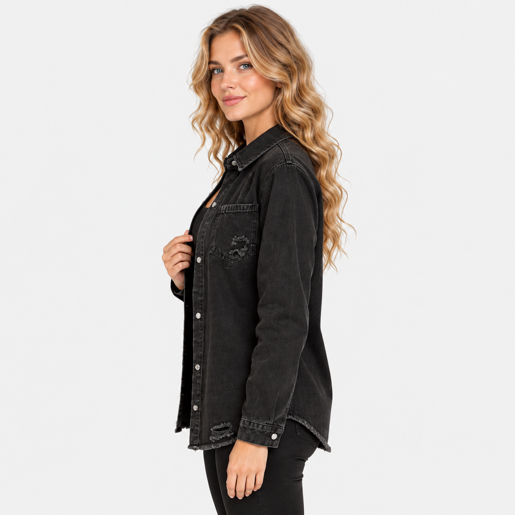 NAJAS | Women's Black Ripped Denim Jacket with Loose Fit