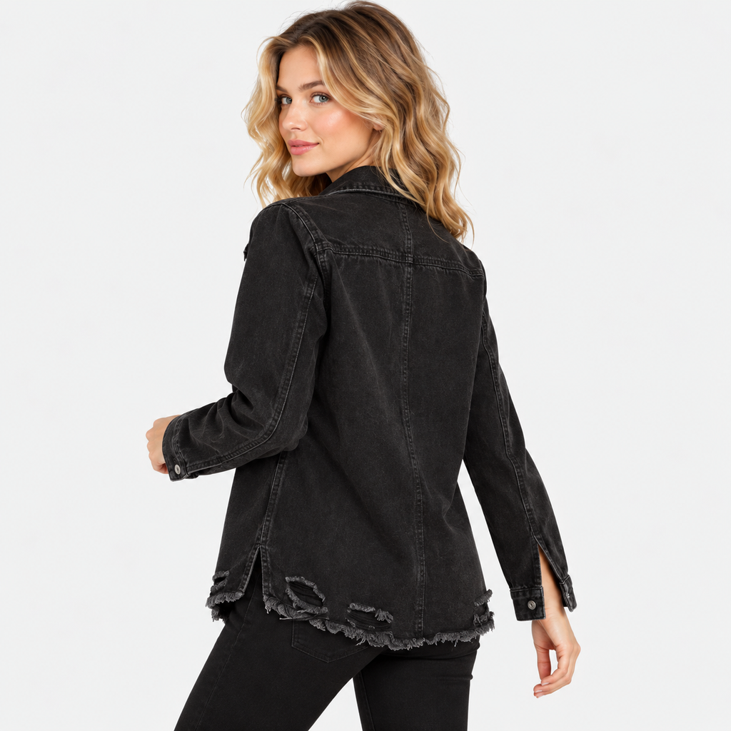 NAJAS | Women's Black Ripped Denim Jacket with Loose Fit