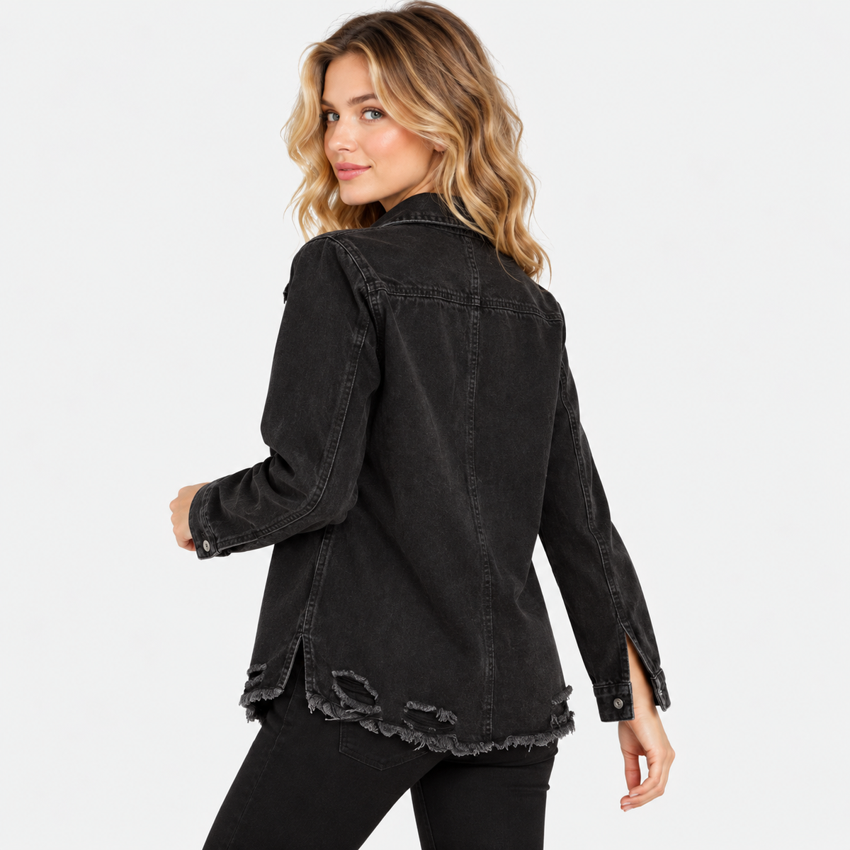 NAJAS | Women's Black Ripped Denim Jacket with Loose Fit
