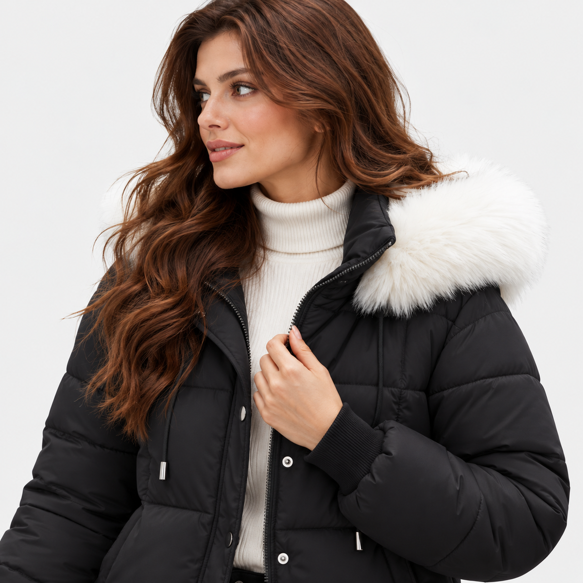 NAJAS | Women's Mint Green Puffer Jacket with Faux Fur Trimmed Hood