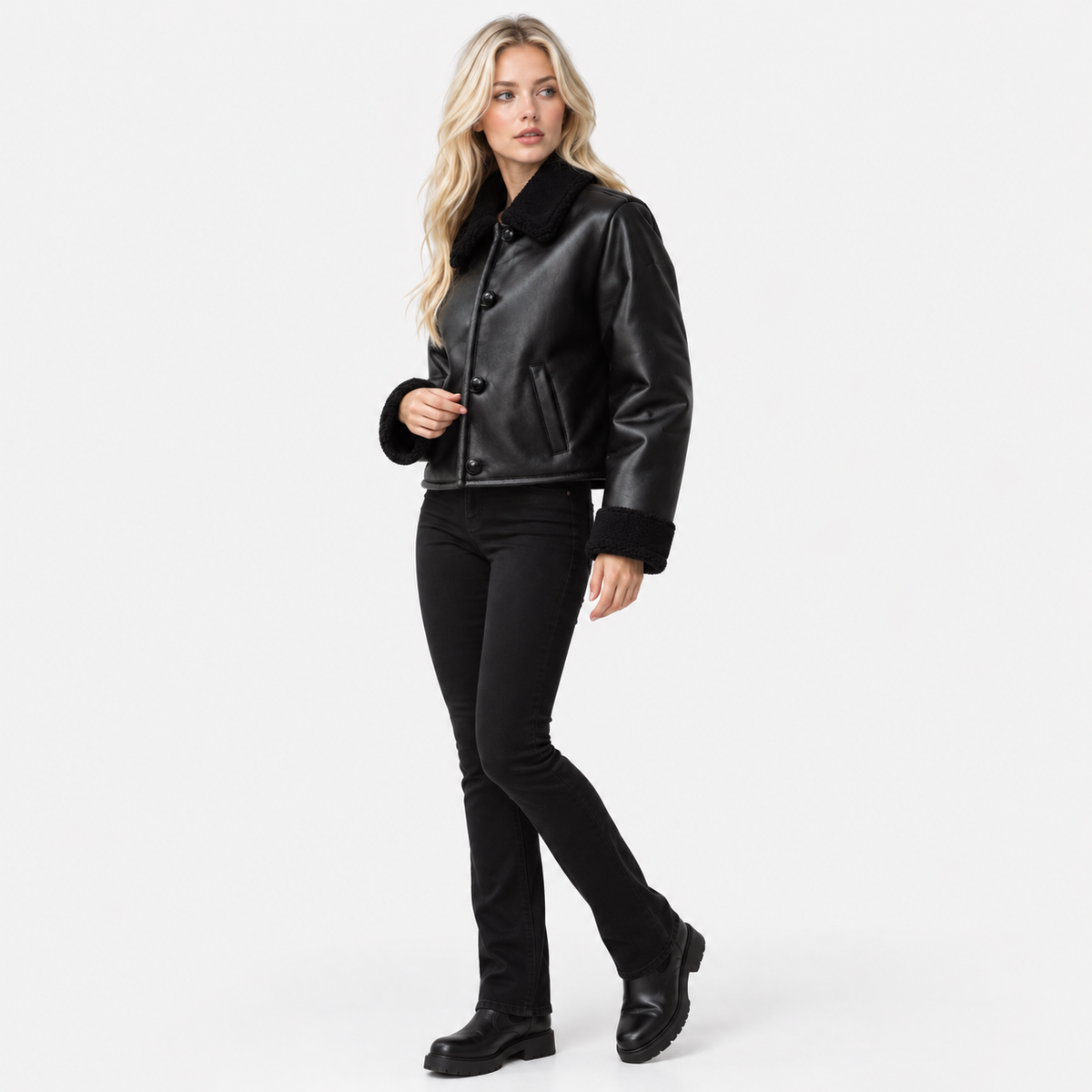 NAJAS | Women's Black Leather Jacket with Plush Lining and Loose Fit