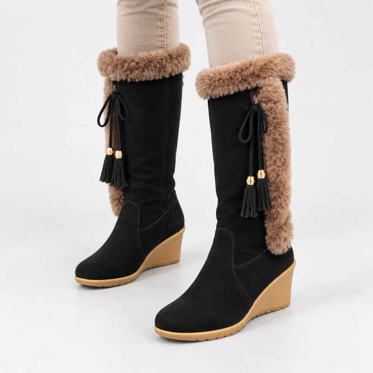 NAJAS | Women’s Winter Knight Boots Warm Plush Lined Wedge Heel Shoes