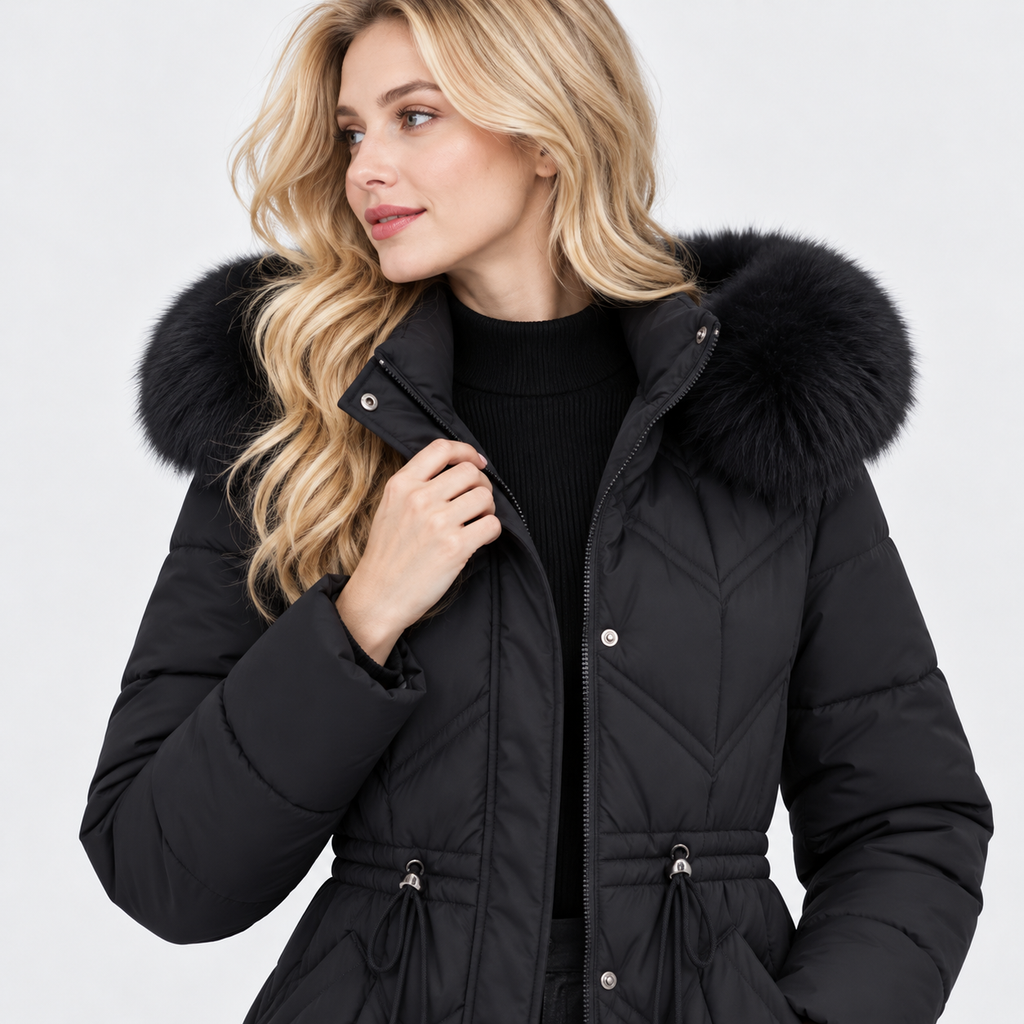 NAJAS | Women's Mid-Length Padded Winter Coat with Large Fur Collar