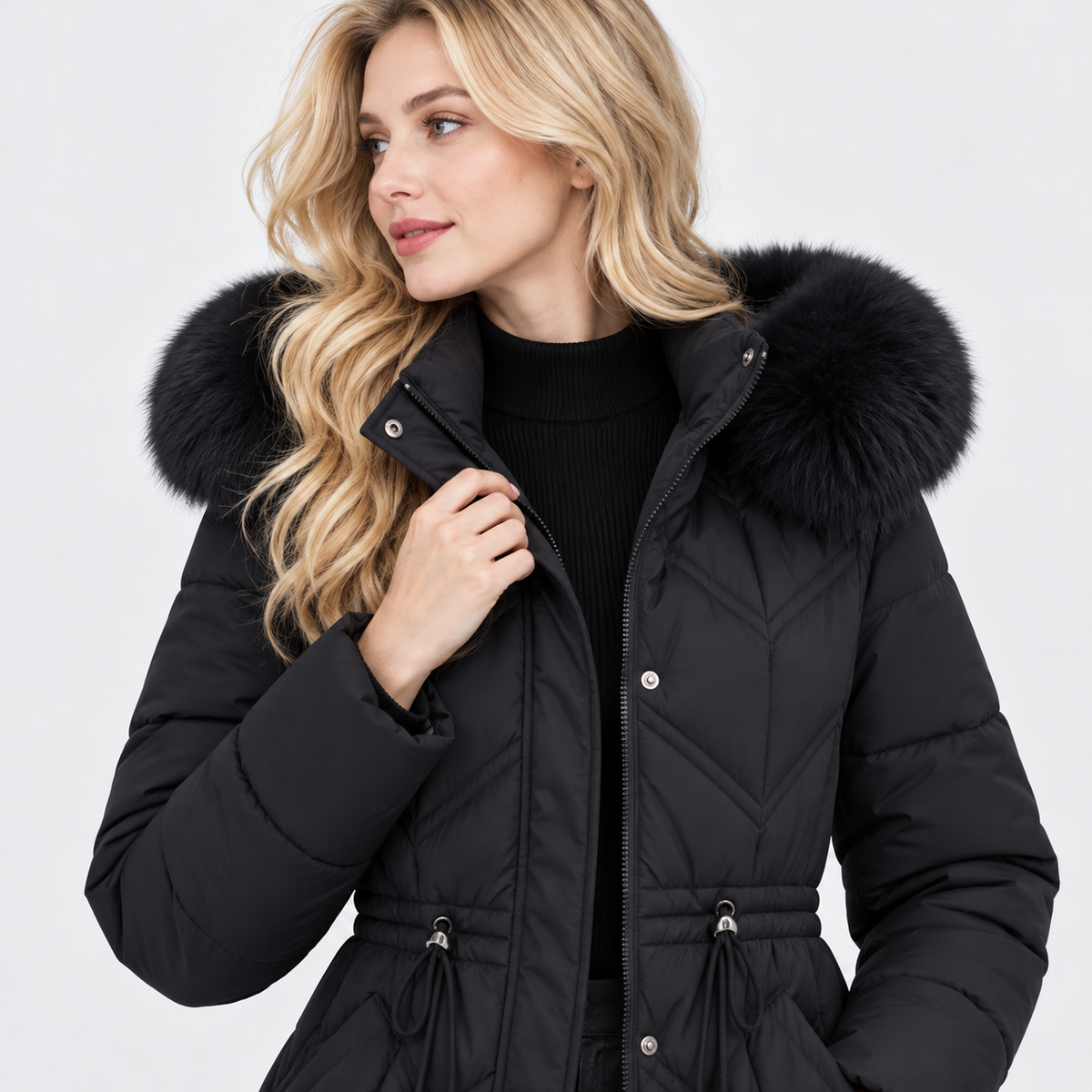 NAJAS | Women's Mid-Length Padded Winter Coat with Large Fur Collar