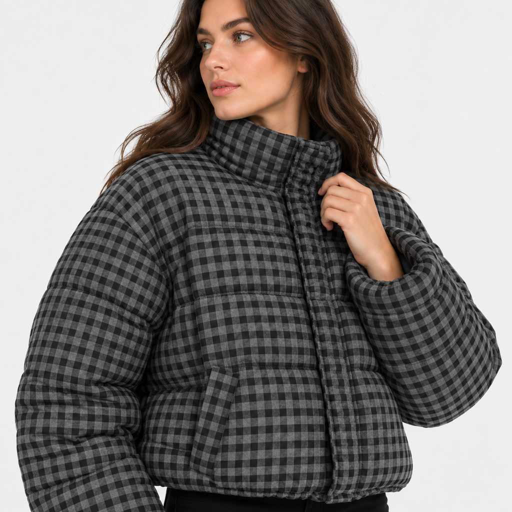 NAJAS | Women’s Plaid Puffer Jacket Cropped Relaxed Fit Casual Outerwear