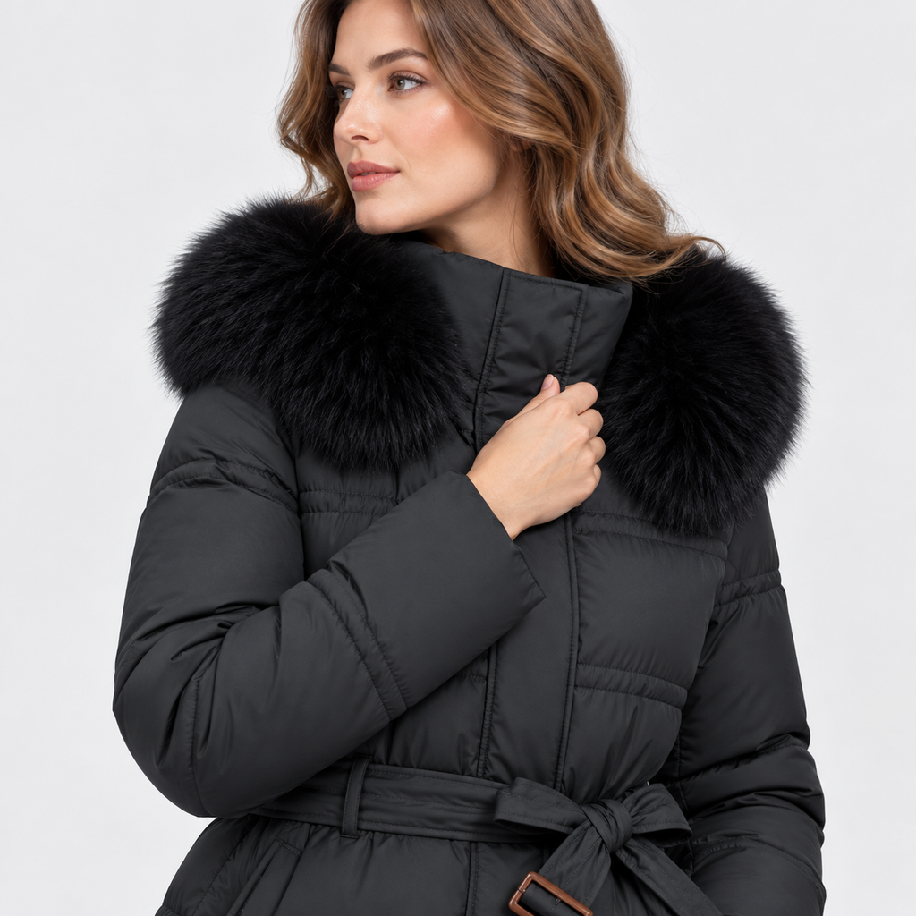 NAJAS | Women's Long Winter Coat with Fur Trimmed Hood and Belt