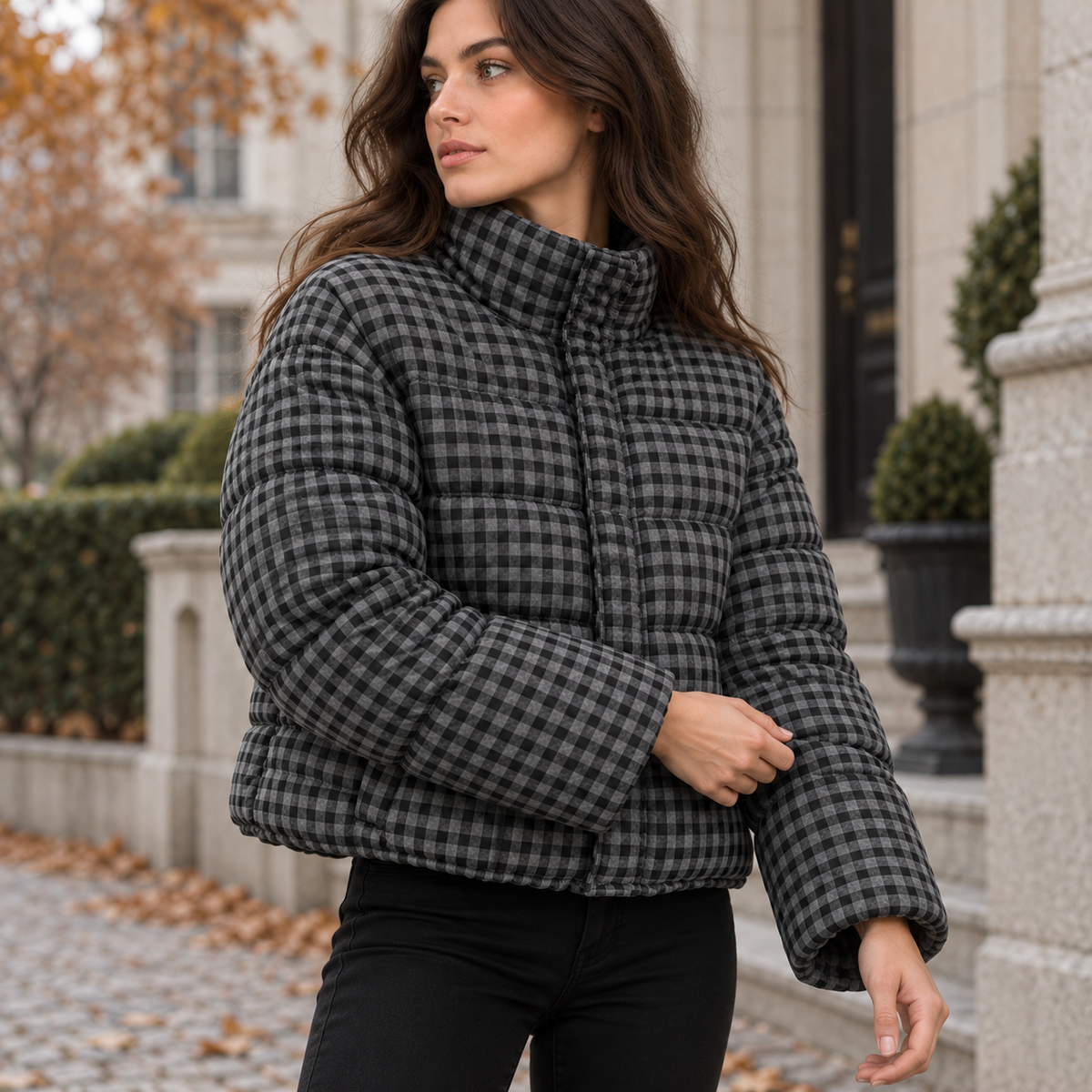 NAJAS | Women’s Plaid Puffer Jacket Cropped Relaxed Fit Casual Outerwear