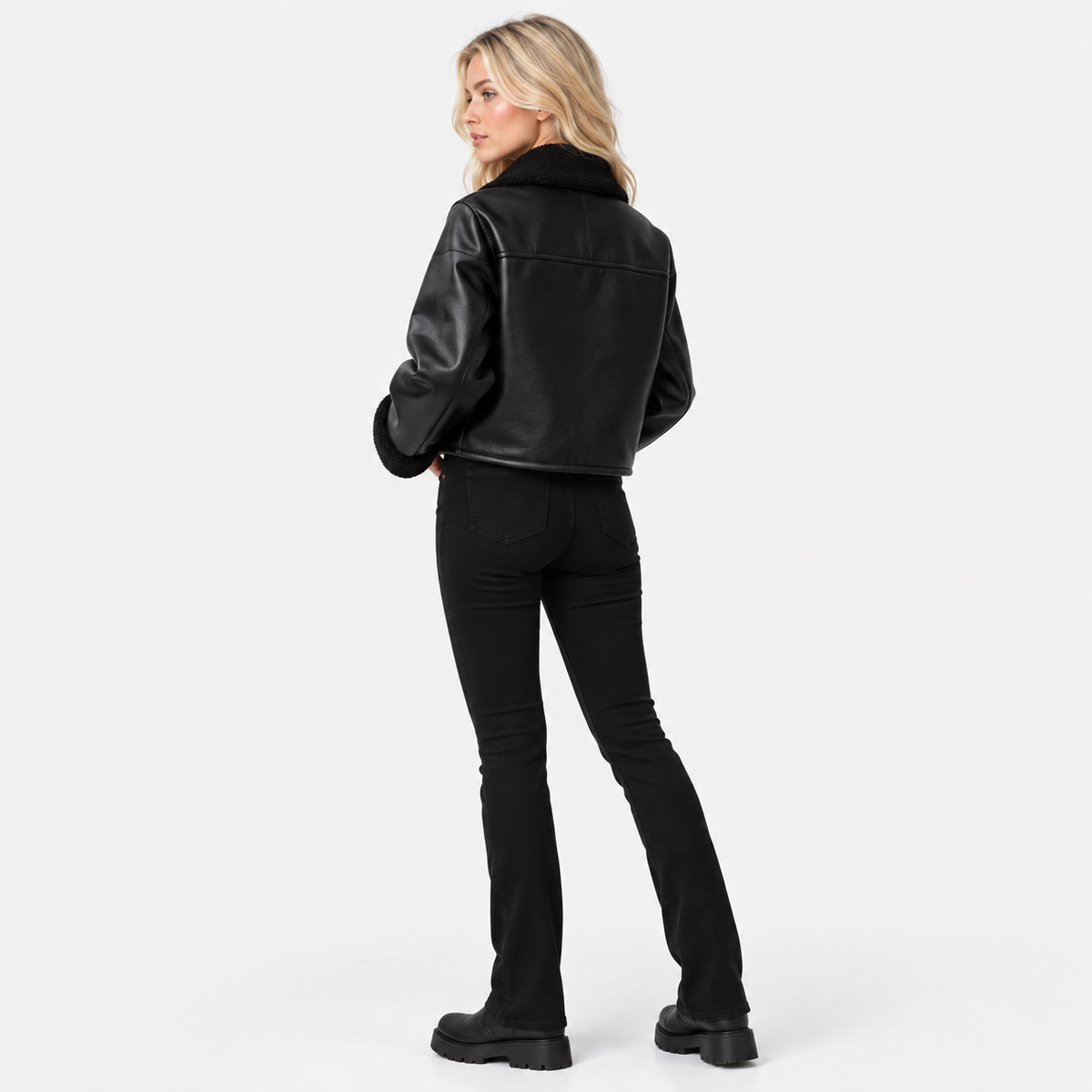 NAJAS | Women's Black Leather Jacket with Plush Lining and Loose Fit