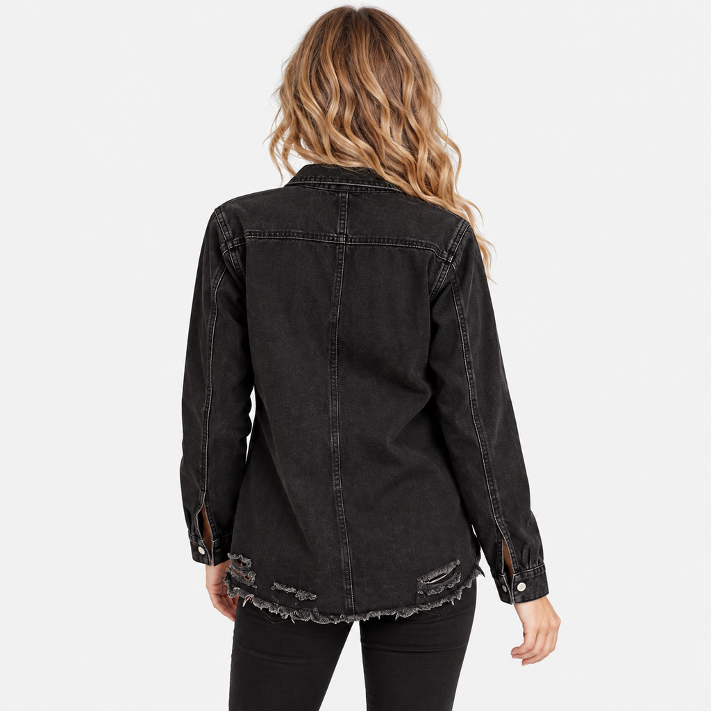 NAJAS | Women's Black Ripped Denim Jacket with Loose Fit
