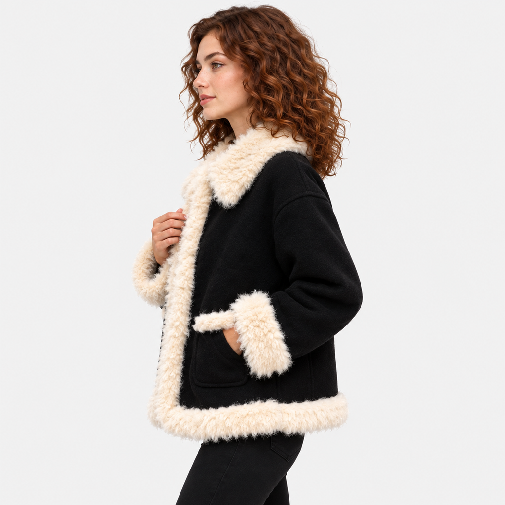 NAJAS | Women's Black Puffer Jacket with Fur Collar