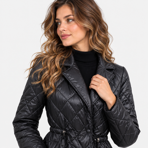 NAJAS | Women's Black Padded Winter Jacket with Notch Lapel Collar