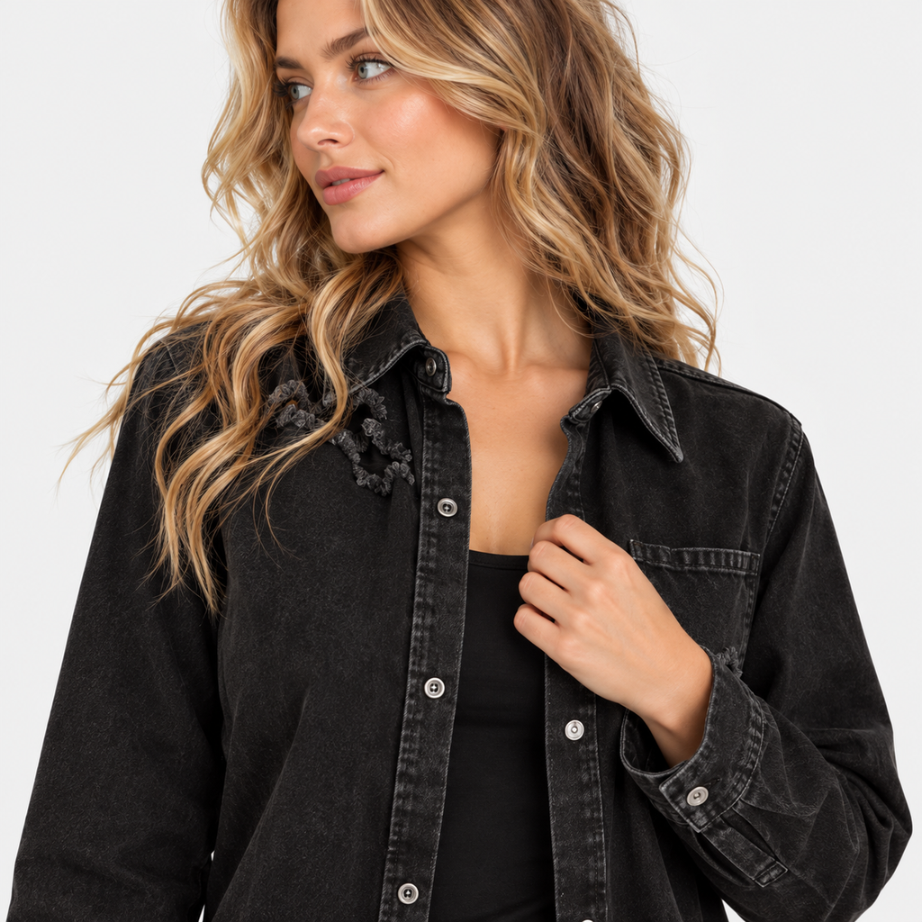NAJAS | Women's Black Ripped Denim Jacket with Loose Fit