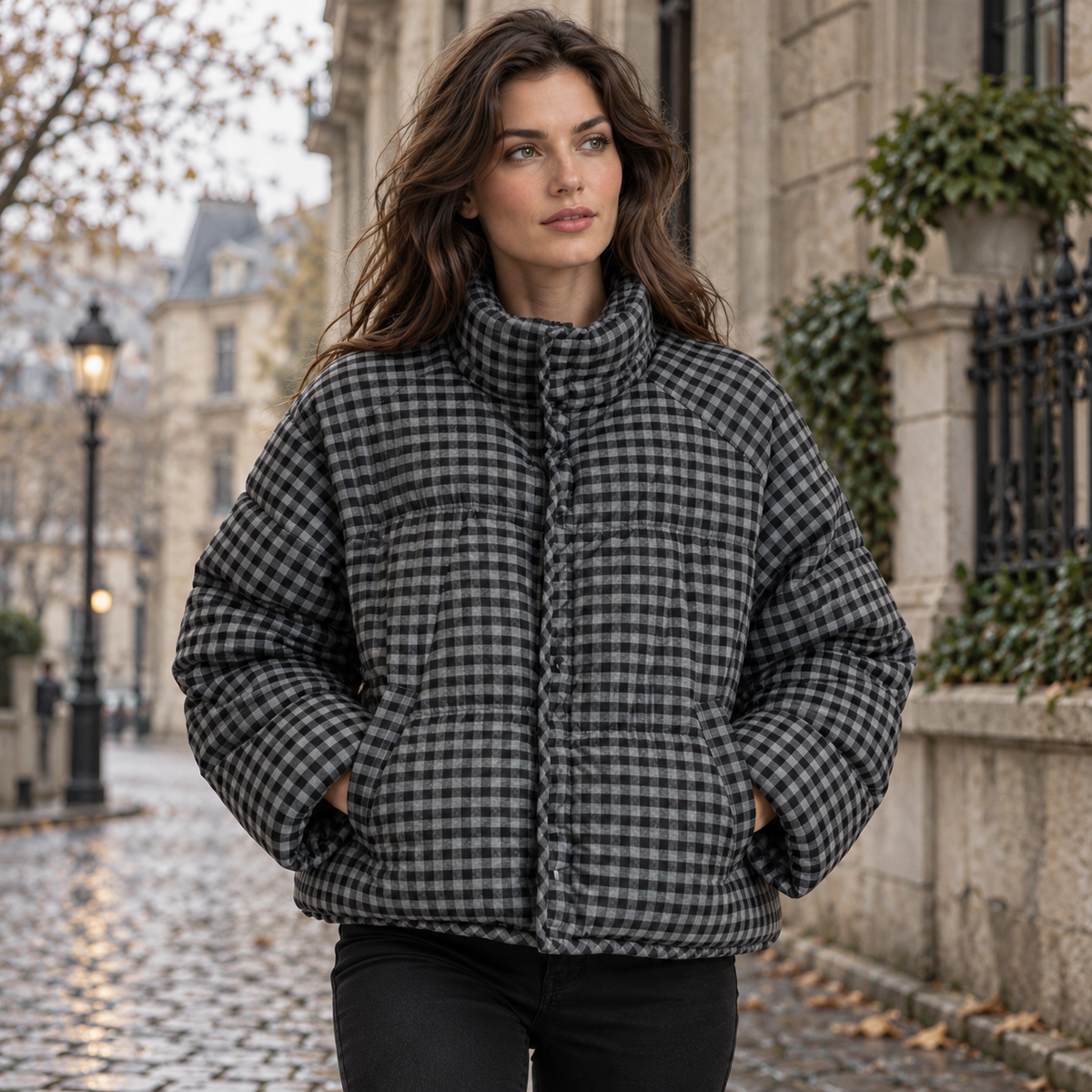 NAJAS | Women’s Plaid Puffer Jacket Cropped Relaxed Fit Casual Outerwear