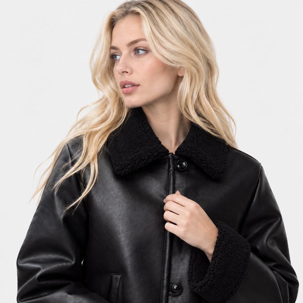 NAJAS | Women's Black Leather Jacket with Plush Lining and Loose Fit