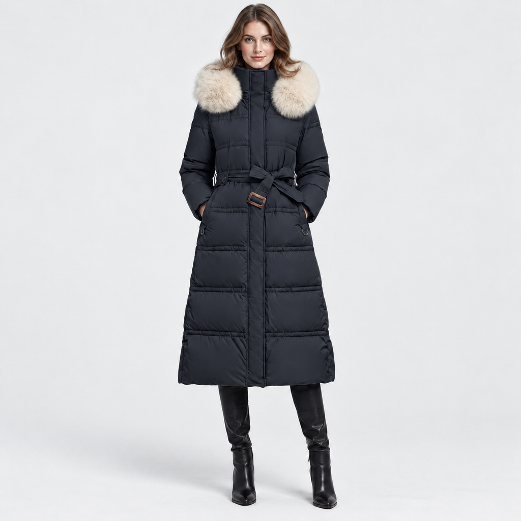 NAJAS | Women's Long Winter Coat with Fur Trimmed Hood and Belt