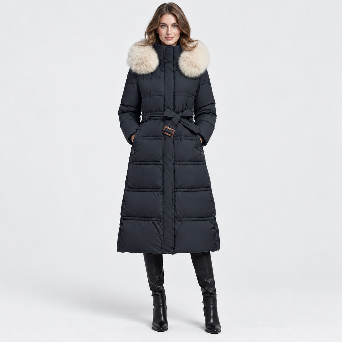NAJAS | Women's Long Winter Coat with Fur Trimmed Hood and Belt
