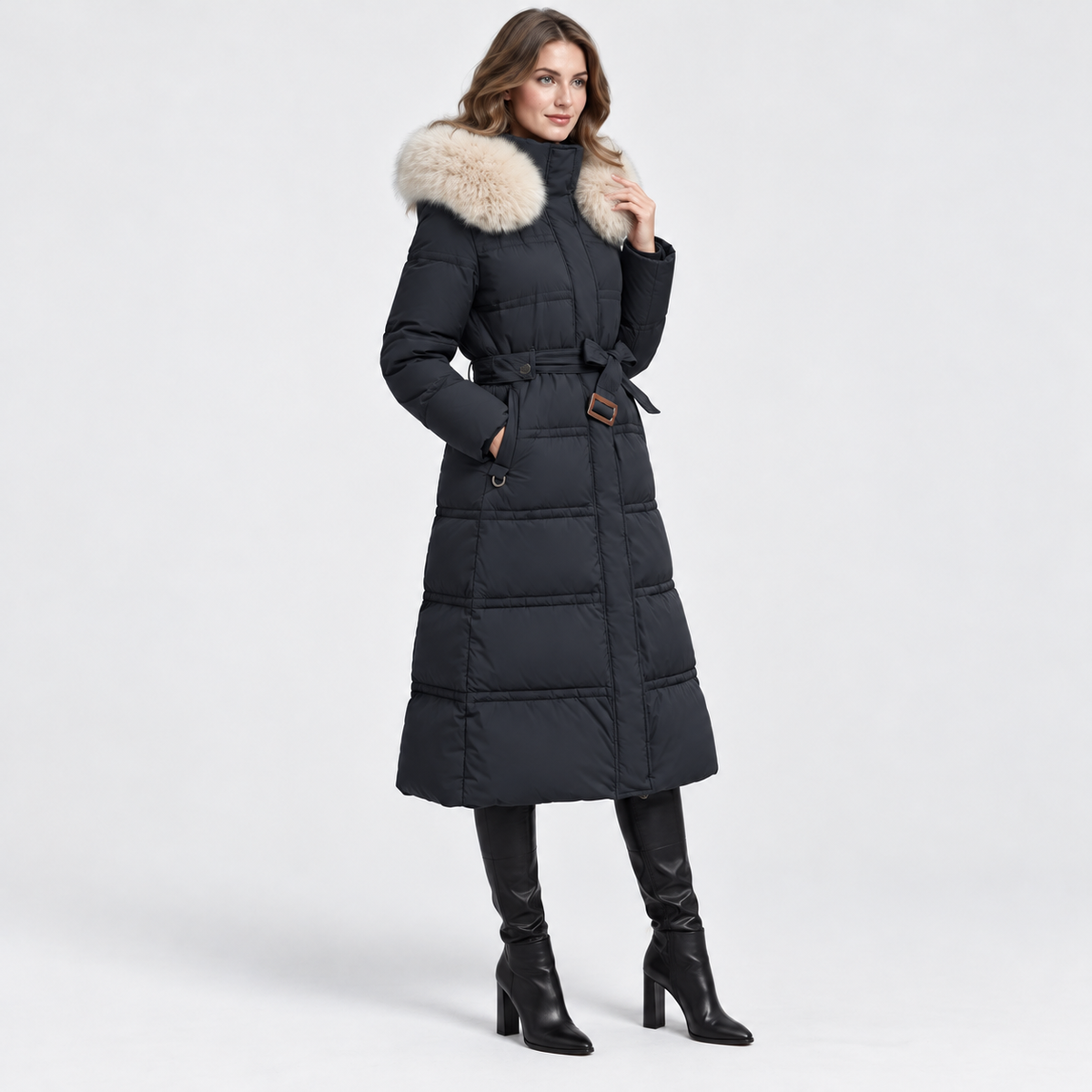 NAJAS | Women's Long Winter Coat with Fur Trimmed Hood and Belt